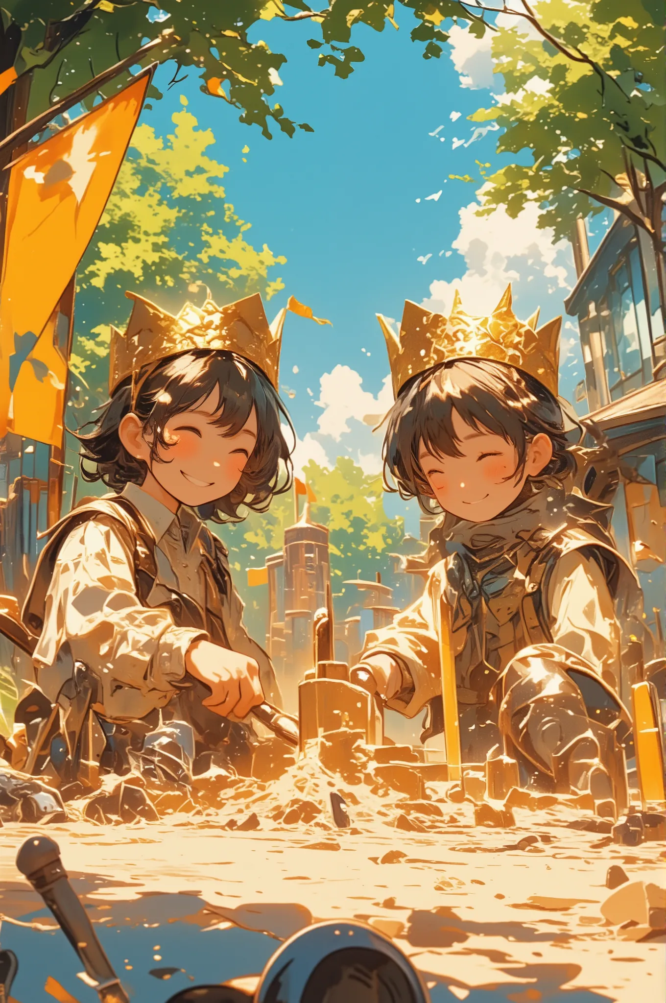 cinematic photorealistic scene of a young boy and girl playing together in a sunny sandbox, building a large sandcastle with towers and flags, both wearing handmade paper crowns, smiling and focused as they work with small plastic tools, warm afternoon sun...