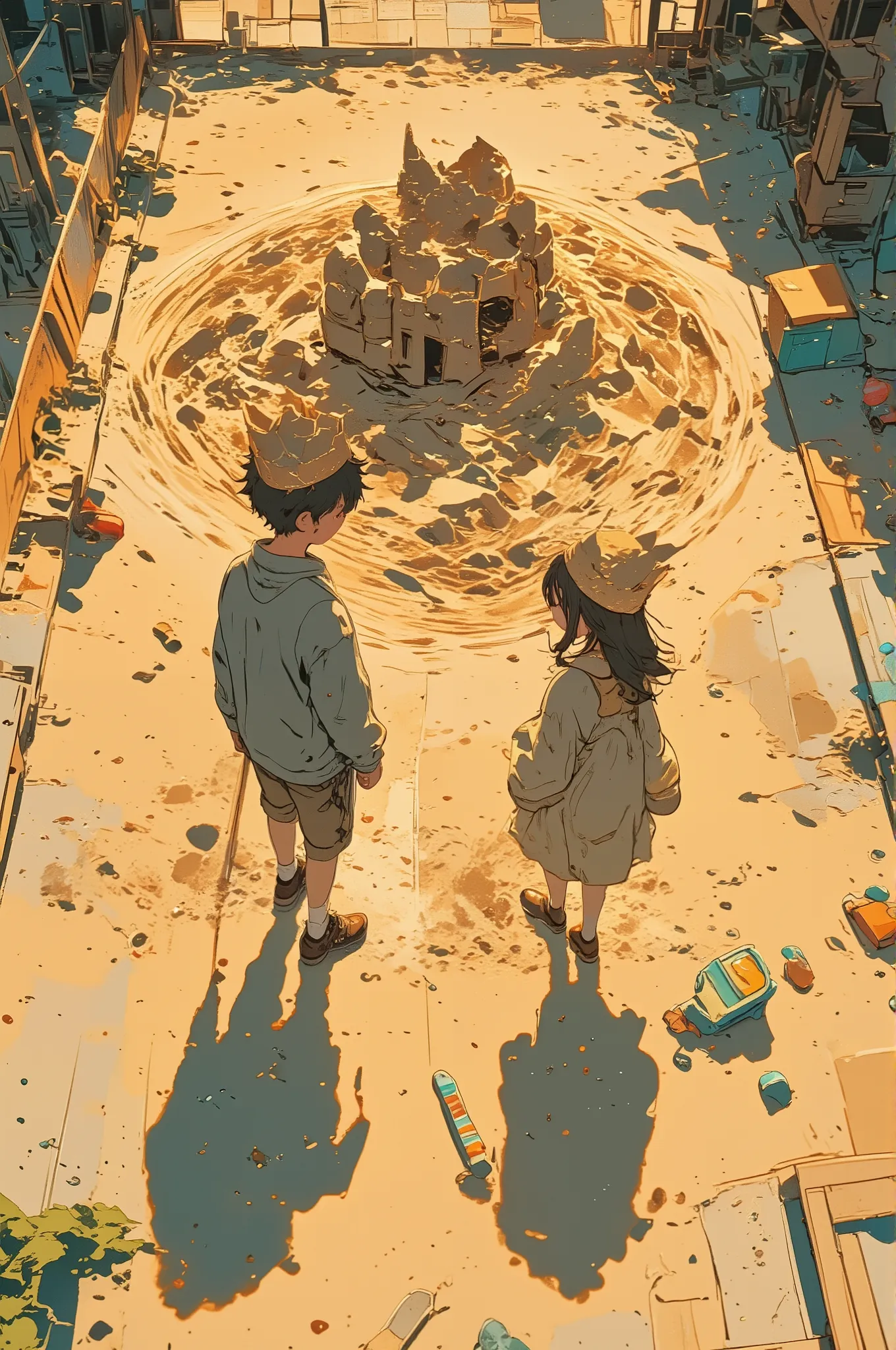 cinematic photorealistic scene of a young boy and girl walking away from each other in a quiet sandbox, the remains of a broken sandcastle between them, both wearing handmade paper crowns slightly torn and tilted, their shadows stretching long in the golde...
