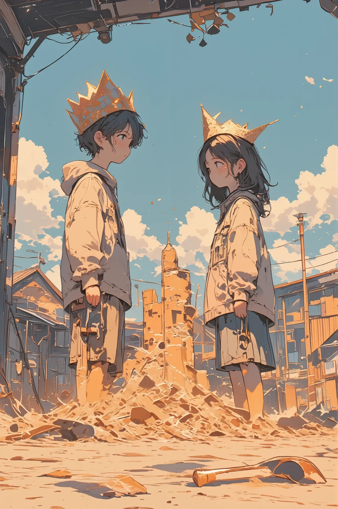 cinematic photorealistic scene of a young boy and girl standing silently in a sunlit sandbox, staring at a collapsed sandcastle that they had built together, both wearing handmade paper crowns slightly tilted, broken plastic tools lying in the sand, pieces...