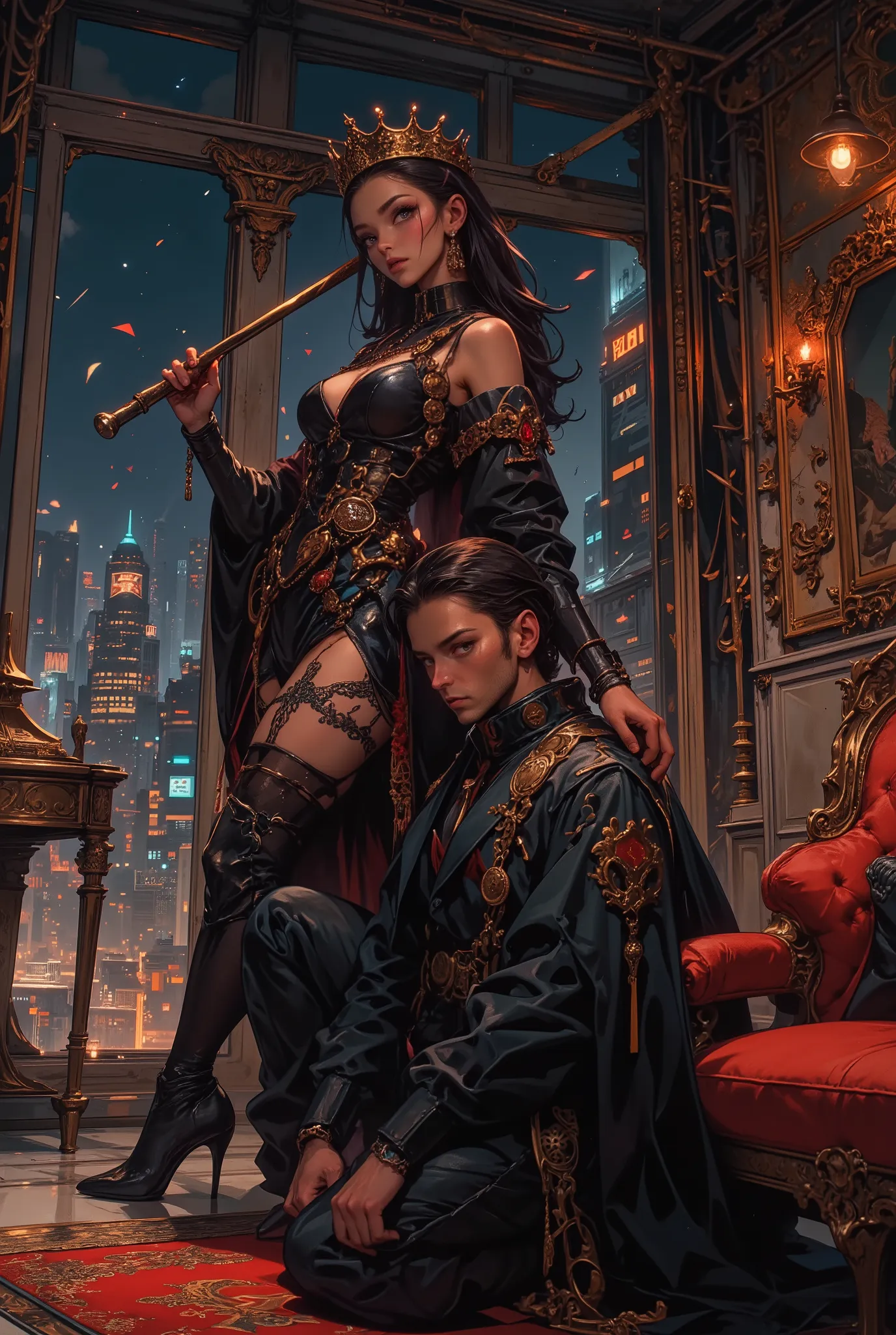 photorealistic cinematic scene of a dominant woman wearing a glossy black latex bondage outfit with fishnet stockings and stiletto heels, standing confidently in a modern luxury penthouse at night, holding a riding crop in one hand, her expression calm and...
