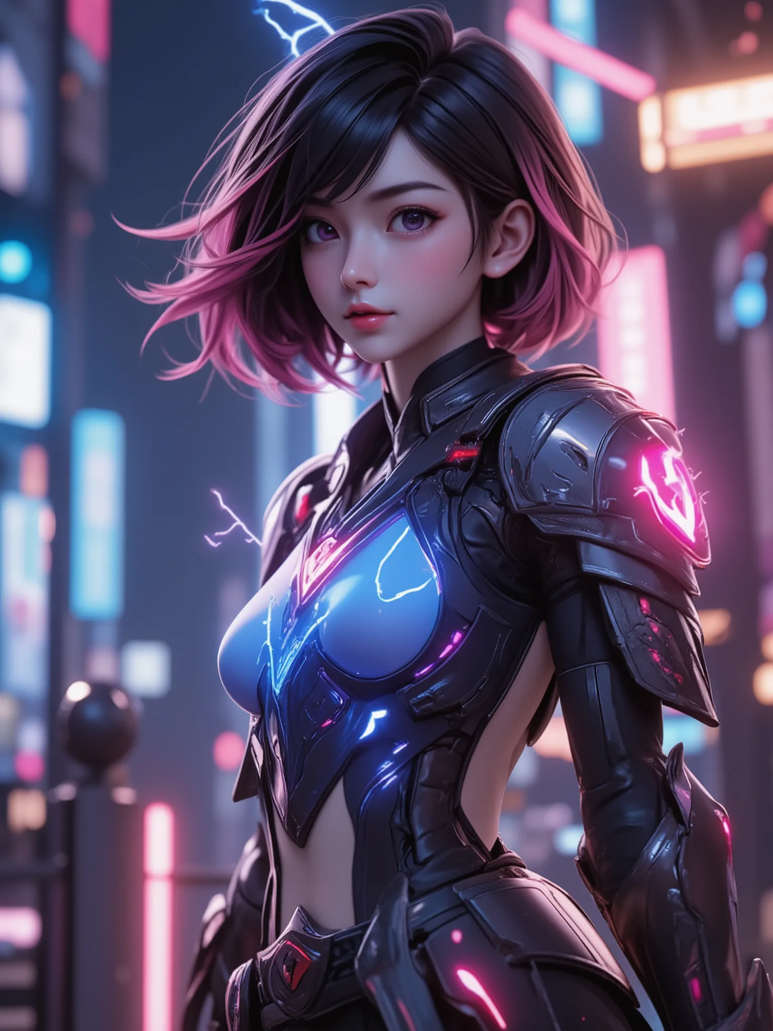 A very bright and extremely charming girl, fuses modern and futuristic warrior elements, A very bright and extremely charming lady with a mysterious ancient artifact embedded in her body, with exquisite battle armor, Brilliant , Stunning, girl, Black p...