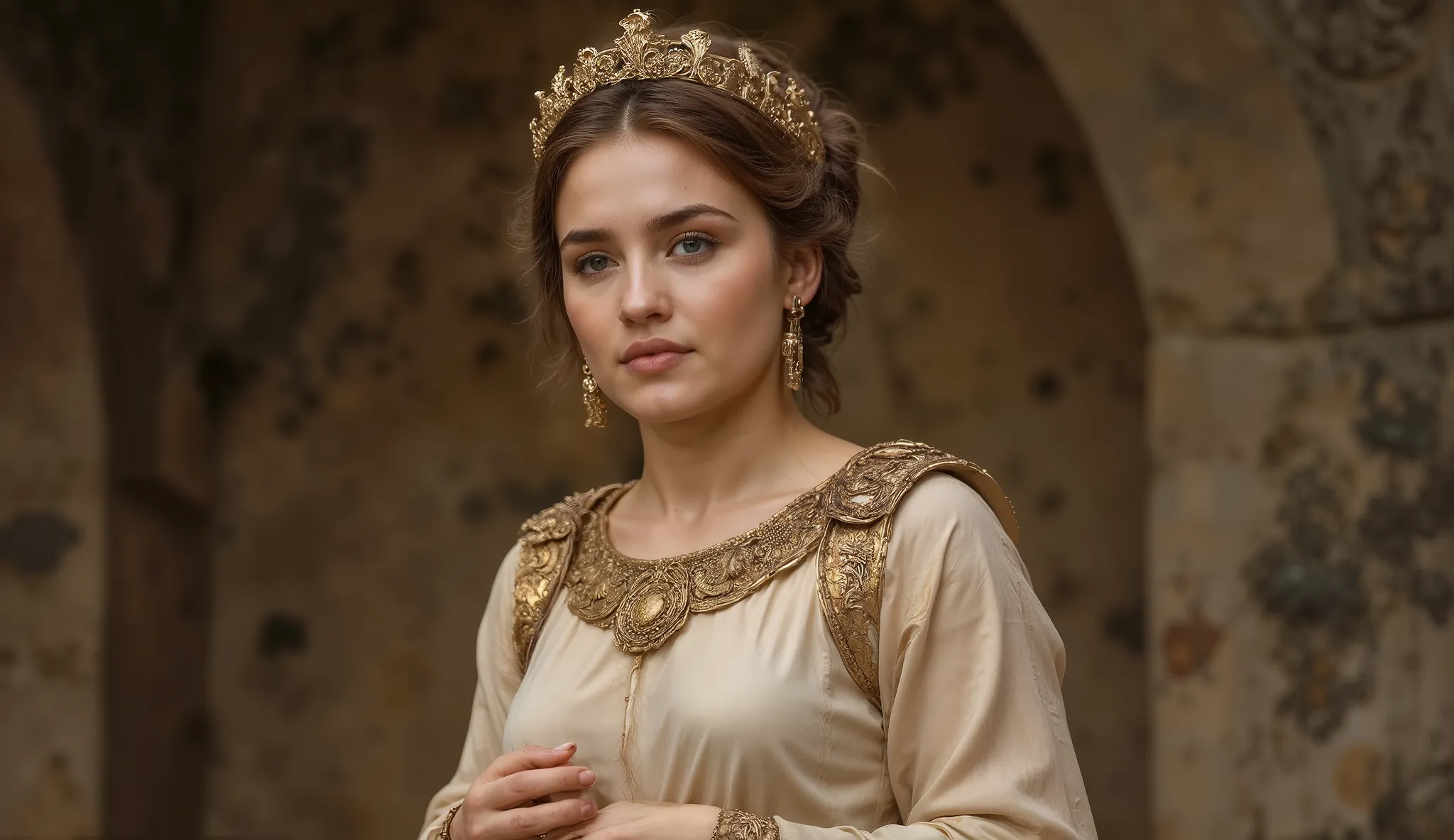 A statuesque Greek queen in a sheer, layered tunic of bronze and ivory holds a medallion to her chest. Her eyes look directly at the viewer, her body poised and still, emanating stoic resolve. Her surroundings are blurred, keeping full focus on her feature...