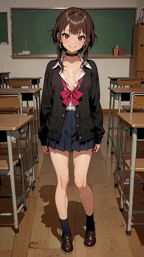 ((1girl, solo ,alone, megumin, short hair, red eyes, brown hair, ((short woman, small bust, tiny breasts, tiny bust, small breasts)), painted nails, gold bracelets, ruby earrings)), ((solo, 1woman, pink lipstick, Extremely detailed, ambient soft lighting, 4k, perfect eyes, a perfect face, perfect lighting, a 1girl)), austere, ((fitness, , shapely body, athletic body, toned body)),  (((Cute High School Girl, full body, gyaru, gal schoolgirl, flat chest, class room, school uniform, smug)))