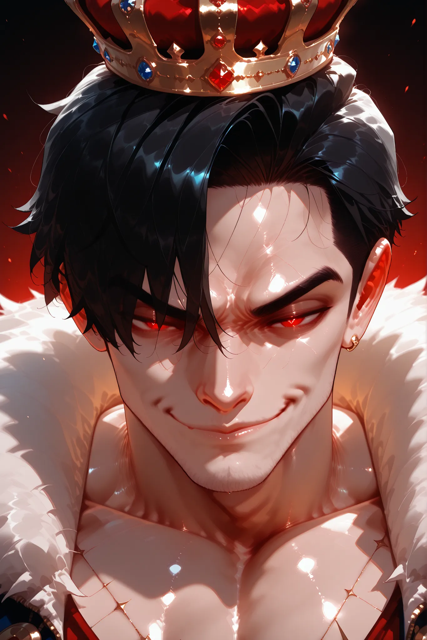 (SuperQuality:1.0) ~ (SuperQuality:1.2), detailxl, 1man, Solo, High Resolution, Best Quality, High Details, Super Detailed, King, Black Hair, Handsome, Charming, Smirk, Earrings, Red Eyes, Devil Pupils, Simple background, Crown, Jewelry,