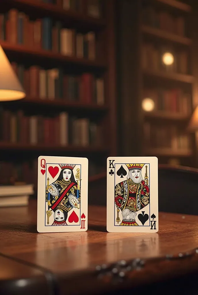 2 playing cards, queen of hearts, king of clubs, on a wood table in a warmly lit library, calm atmosphere, very detailed, masterpiece, dim lighting, beautiful 