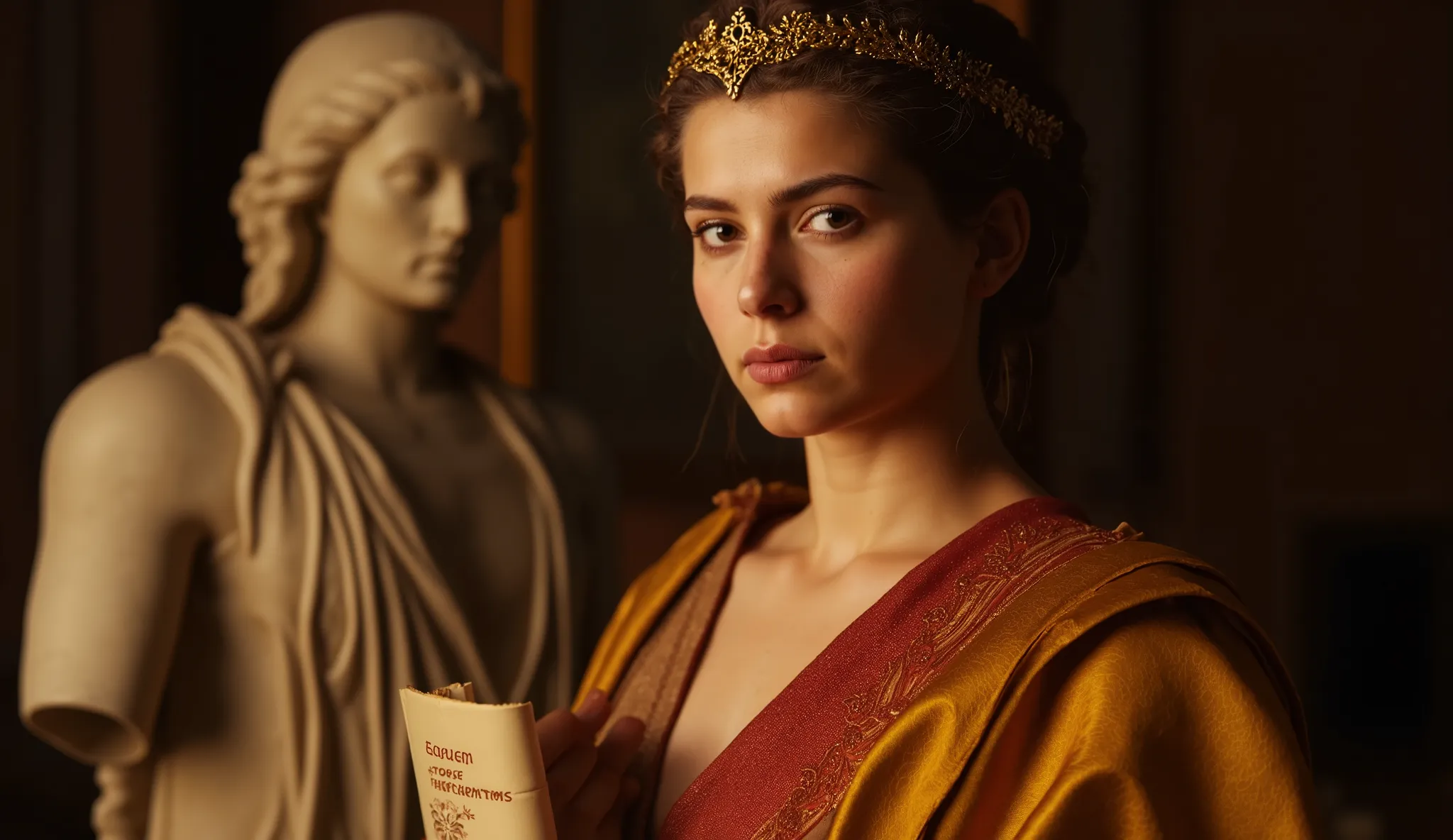 Dramatic close-up of a young Roman queen with a penetrating philosophical gaze, close-up focusing on her face and upper body. Royal silk robes in shades of gold and crimson flutter gently framing her face. Golden laurel wreath symbolizing stoic virtue. Fac...