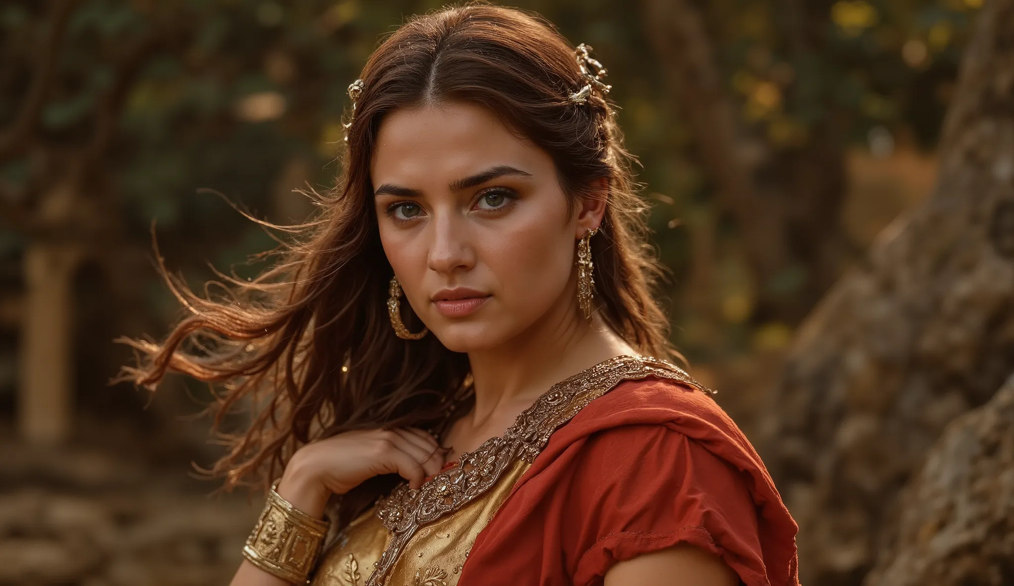 A powerful Roman empress with olive skin and piercing eyes gazes forward with quiet strength. She wears a crimson and gold toga clasped with ornate brooches, and her expression shows emotional control and resilience. Wind lifts the edges of her fabric slig...