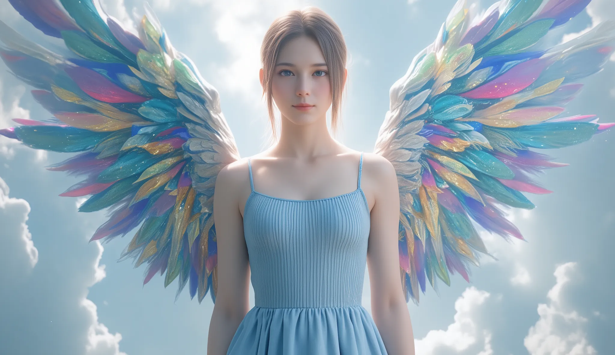 Beautiful female angel、I'm wearing a light blue ribbed top and a light blue skirt、 Colorful Feathers