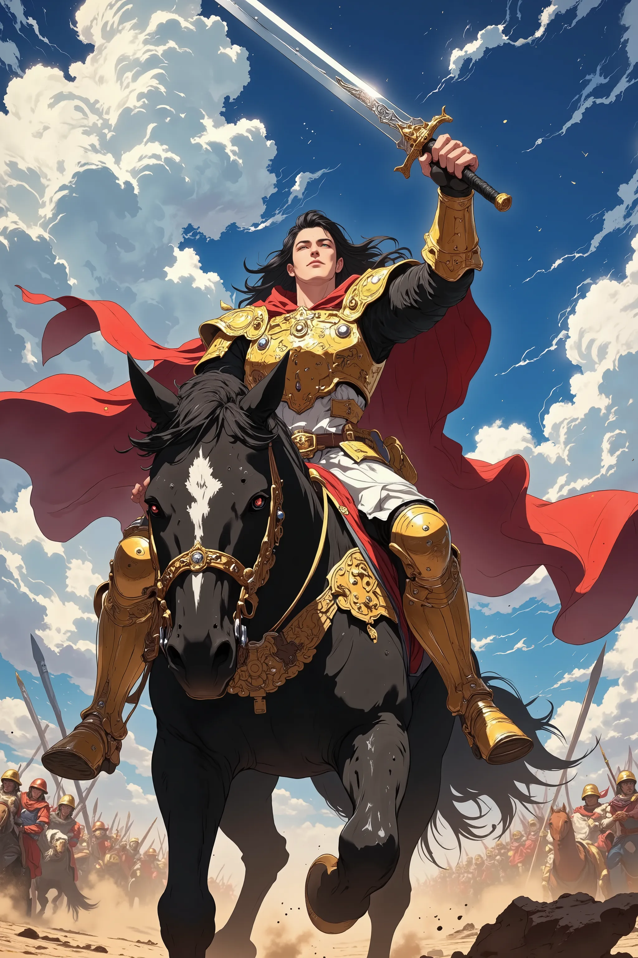 a majestic king riding a black warhorse, raising a gleaming silver sword high in the air with one hand, wearing ornate golden armor with crimson cape fluttering in the wind, standing triumphantly on a battlefield, his long hair flowing, a determined and no...