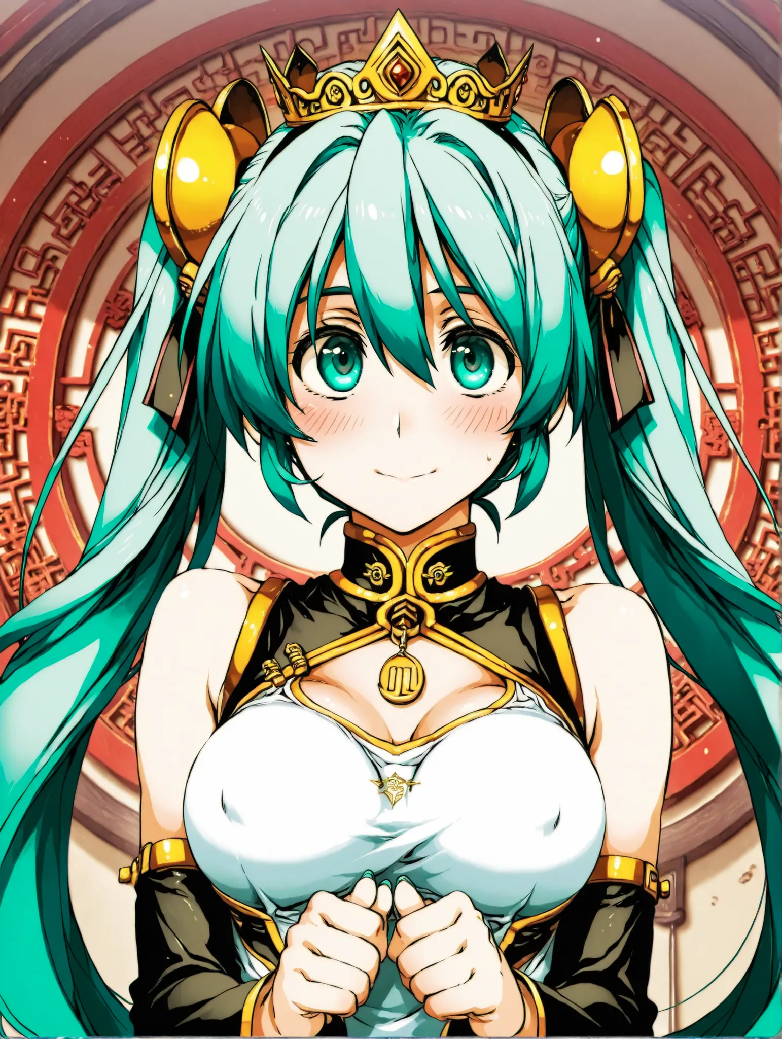 (masterpiece、Highest Quality、Highest Quality、Official Art、beautiful and beautiful:1.2)、(1 girl on break day:1.3)Hatsune Miku、beautiful breasts、Light Green Twin Tails、Queen of Chinese Style、 Beauty and the Beast 、Crowned Beast、Beast and Queen Facing Each Ot...