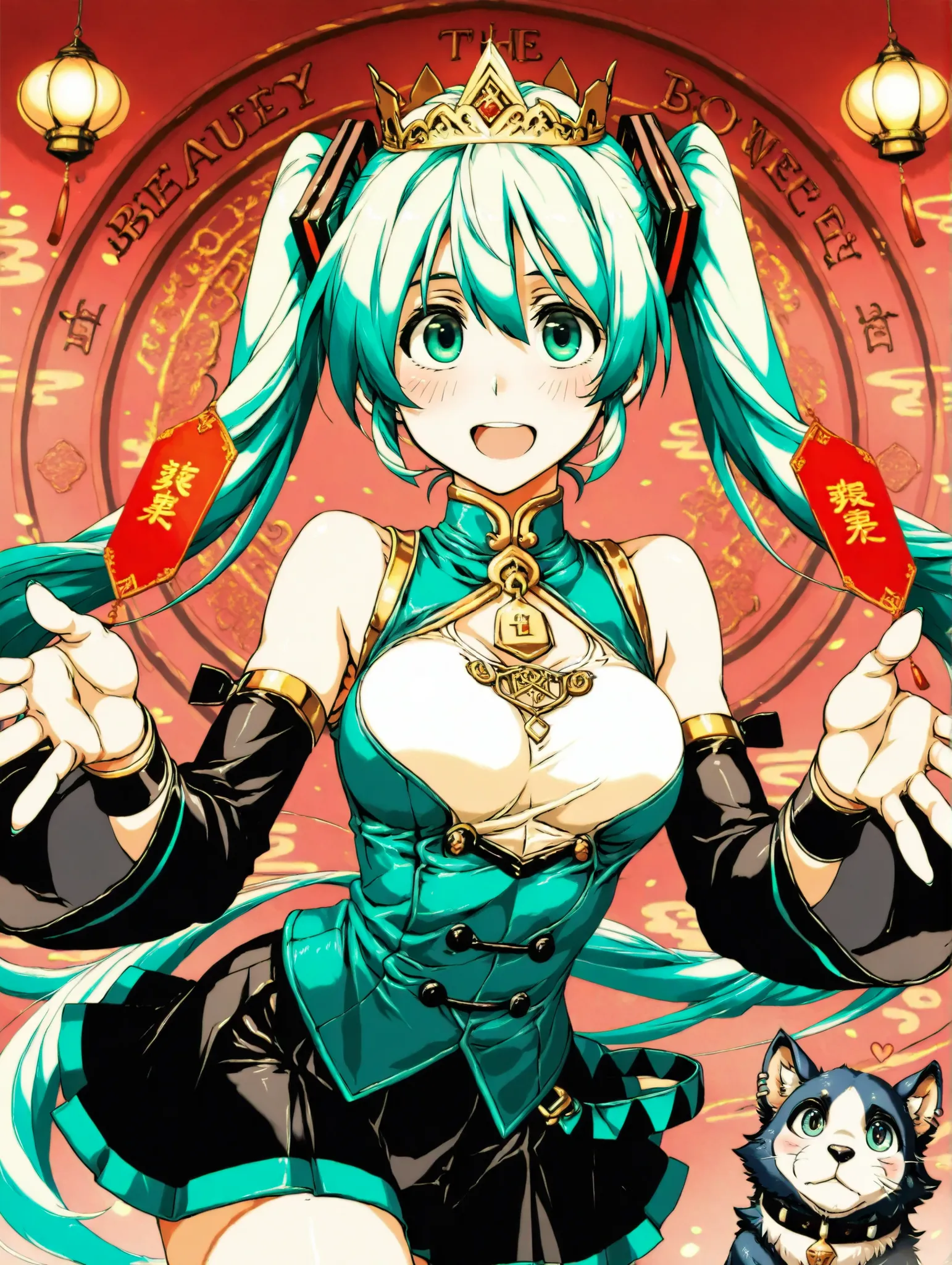 (masterpiece、Highest Quality、Highest Quality、Official Art、beautiful and beautiful:1.2)、Hatsune Miku、beautiful breasts、Light Green Twin Tails、Queen of Chinese Style、 Beauty and the Beast 、Crowned Beast、Beast and Queen Facing Each Other、 two people facing ea...