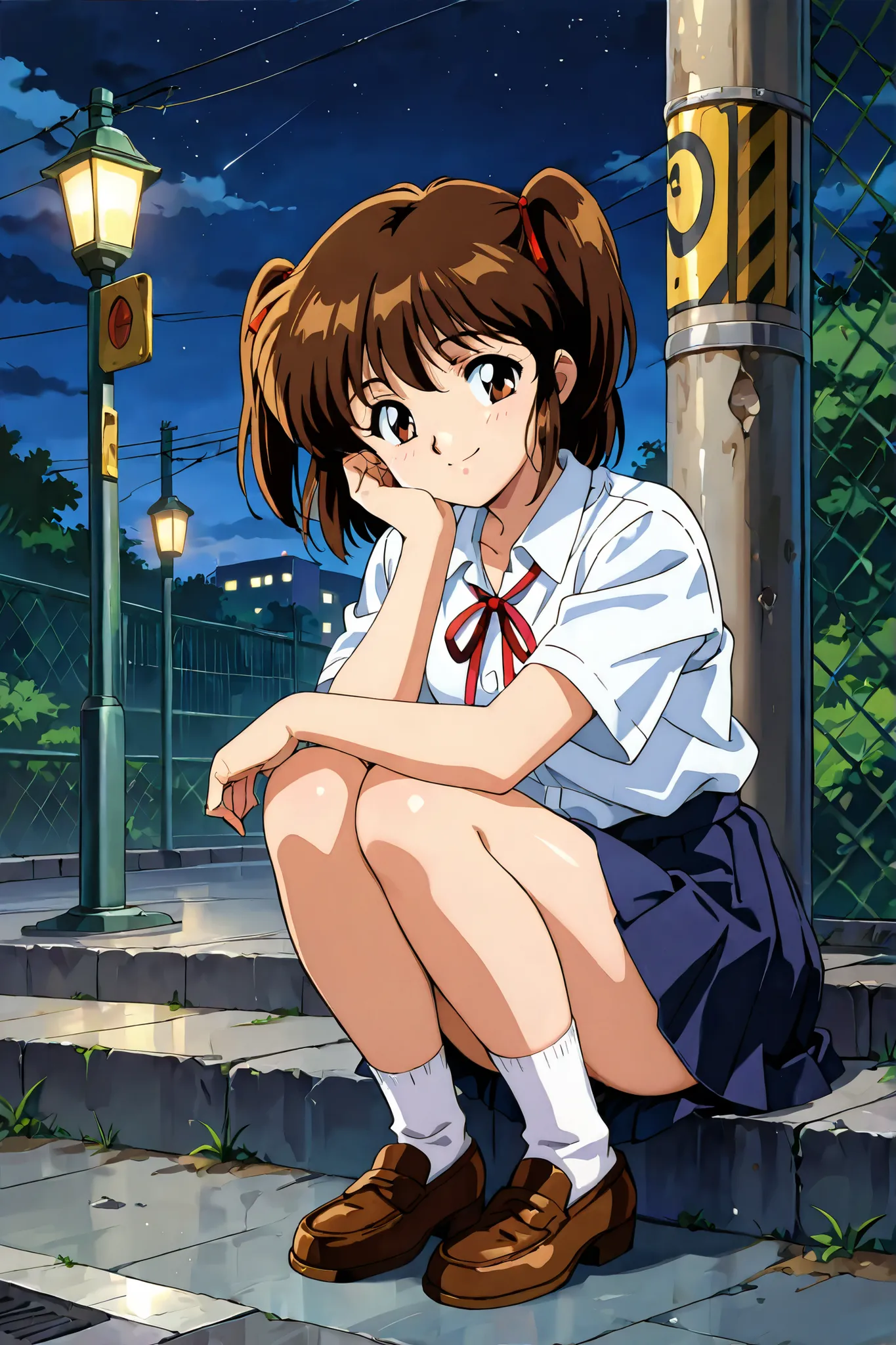 1girl,solo,adult,18 years old,kayo,dark brown eyes,dark brown hair,two side hair,shoulder-length short hair,white collared shirt,short red necktieribbon,navy blue short pleated skirt,white socks,loafers,whole body,full length,masterpiece,best quality,amazi...