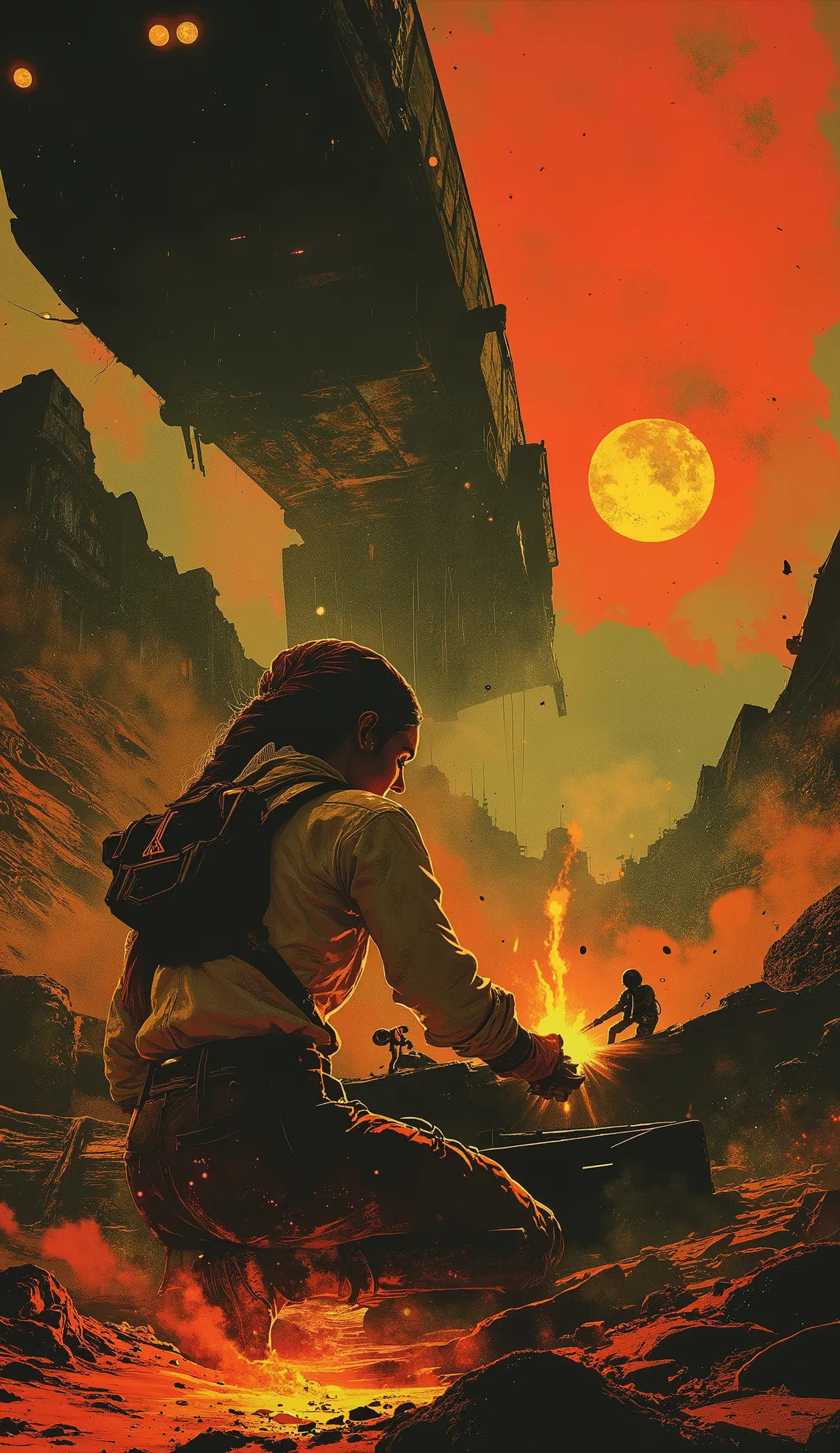 Amid the clang of tools and hiss of fuel lines, Rapunzel crouches beneath a scorched freighter hull in the Mos Eisley spaceport, the iconic twin suns - one larger and one smaller - of Tatooine dipping low behind jagged rooftops. Her long braid, bound in oi...