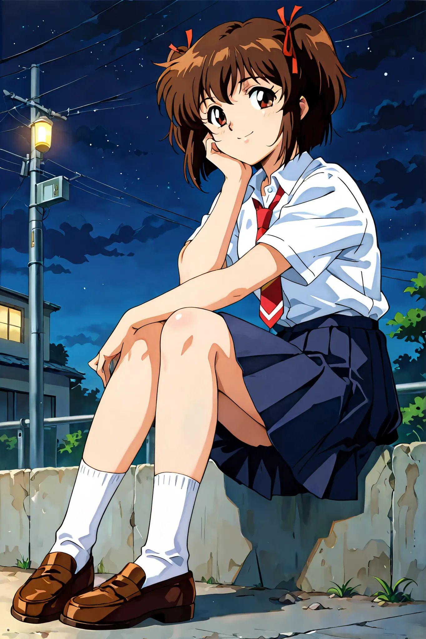 1girl,solo,adult,18 years old,kayo,dark brown eyes,dark brown hair,two side hair,shoulder-length short hair,white collared shirt,short red necktieribbon,navy blue short pleated skirt,white socks,loafers,whole body,full length,masterpiece,best quality,amazi...