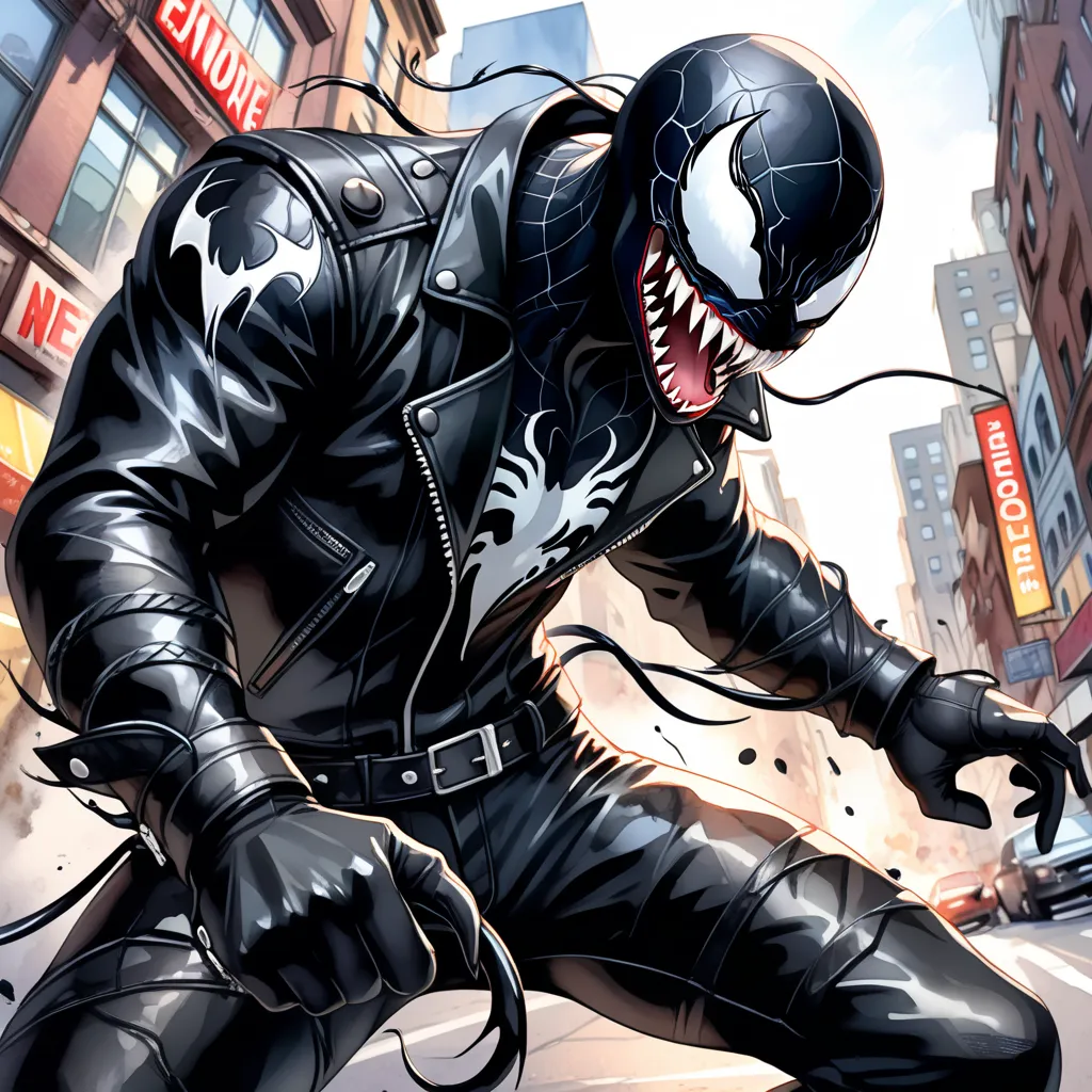 Closeup, comic book art style, Watercolor, Venom wearing an insanely cool black leather biker jacket, black leather biker gloves, black leather biker pants, giving it a cool, edgy appearance, looking viewer, (dynamic pose:1.3), BREAK .city street background, (dynamic angle:1.4), Ensure the lighting highlights the reflective surfaces of the leather jacket, creating a sleek, polished finish.