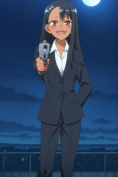 source_anime, score_9, dot_8_up, score_7_up, anime screencap, absurdres, High Quality, 
(nagatoro hayase, brown eyes, dark-skinned Women, tan, black hair, Hair clip, ear clip, hair ornament, cabello largo, black tuxedo),, anime coloring, a full body girl, ...