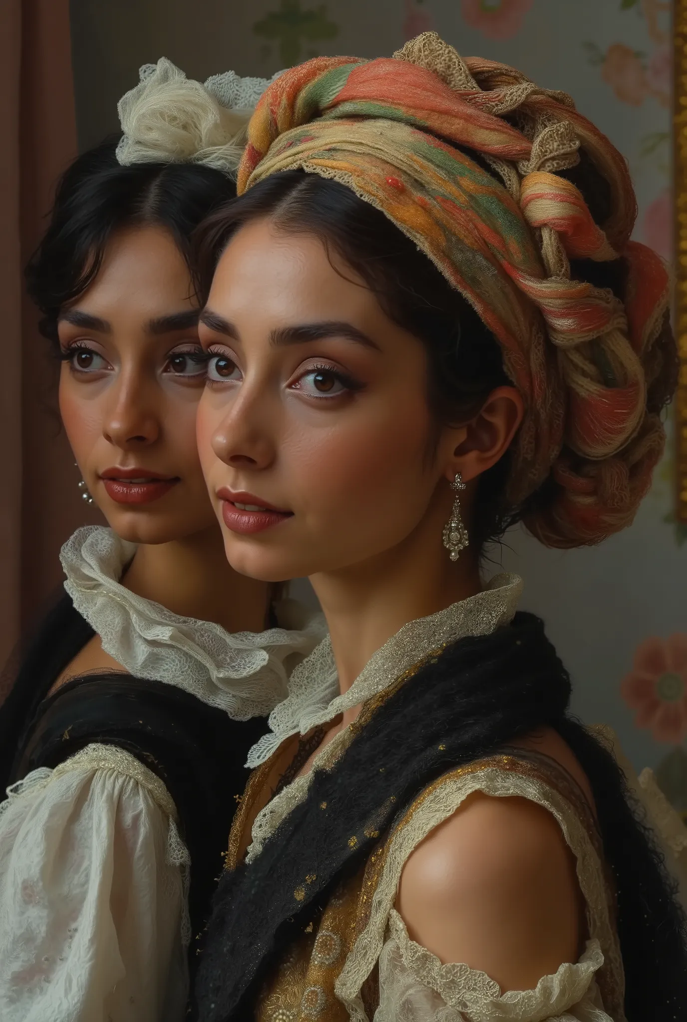 image of a queen and king, Tight frame captures queen and king ivory profile, Animal Butler, The composition echoes Vermeer’s Girl with a Pearl Earring but with an extra character; a king, reimagined through Warsaw’s avant-garde—anachronistic lace collars ...