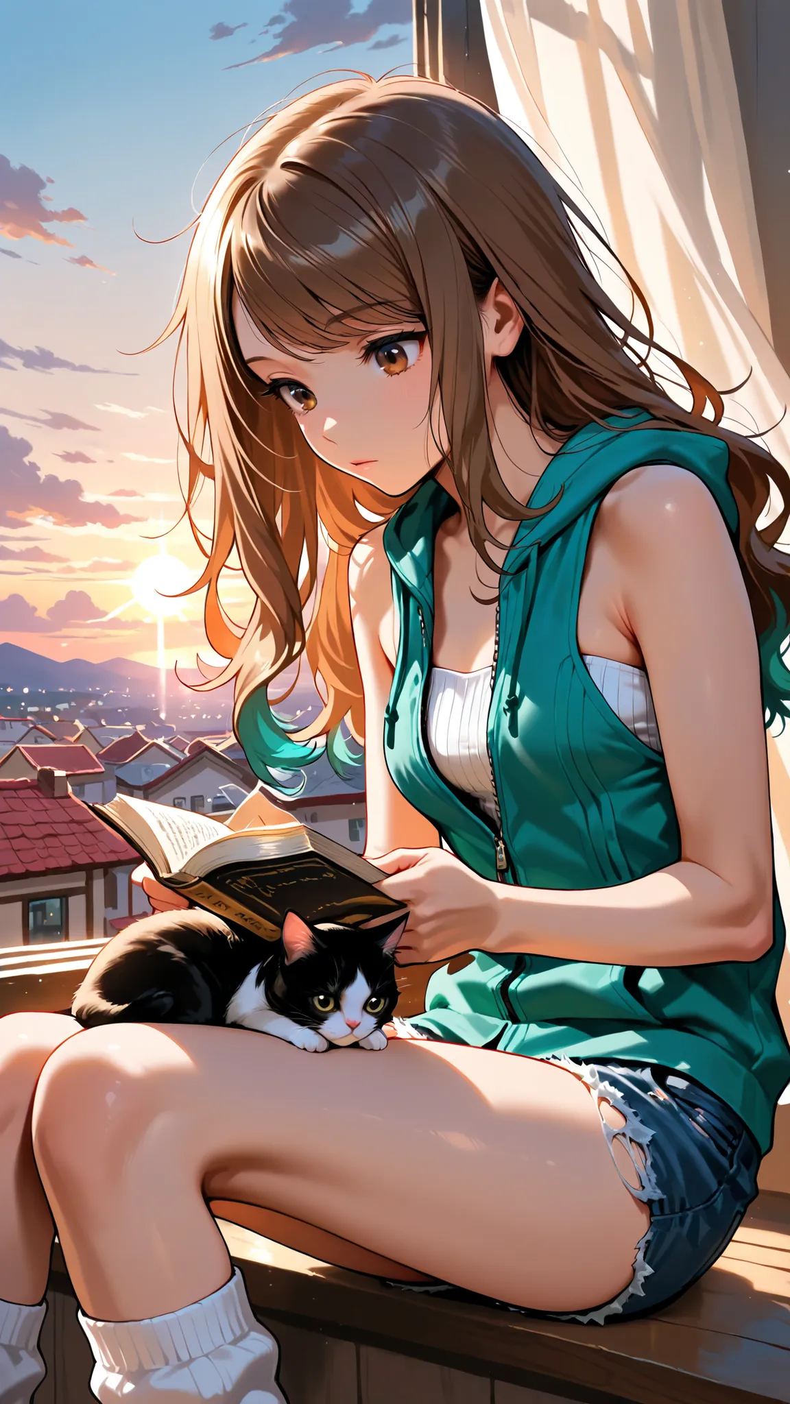 (Masterpiece, best quality), intricate details, JK,, close up, open book, reading book, looking at book, brown eyes, messy hair, very long brown hair with teal highlights, sleeveless hoodie, unzipped hoodie, strapless sleeveless shirt, white shirt, ribbed...
