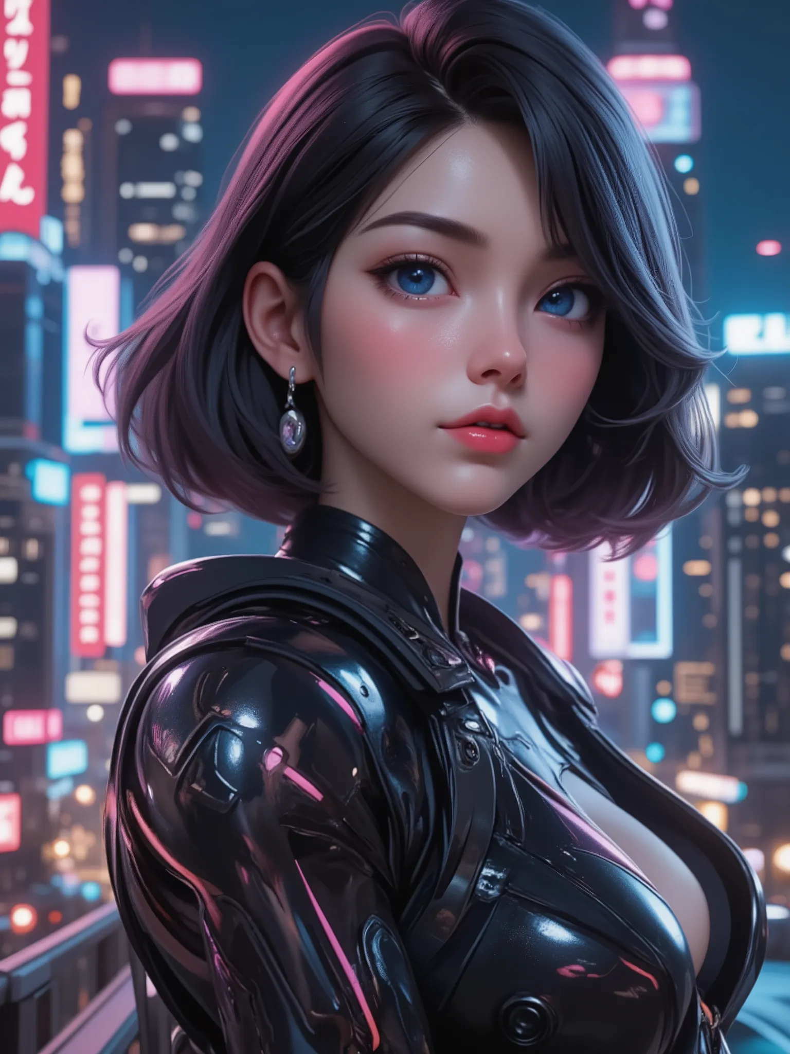 26 year old woman, beautiful face, fair skin, short bob flowing black pink hair color tone, blue eyes, red lips,button nose,perfect body, curvaceous body, huge breasts, slim waist, wide hips,mecha armor,modern city,night,city lights,wonderful,impressive sc...