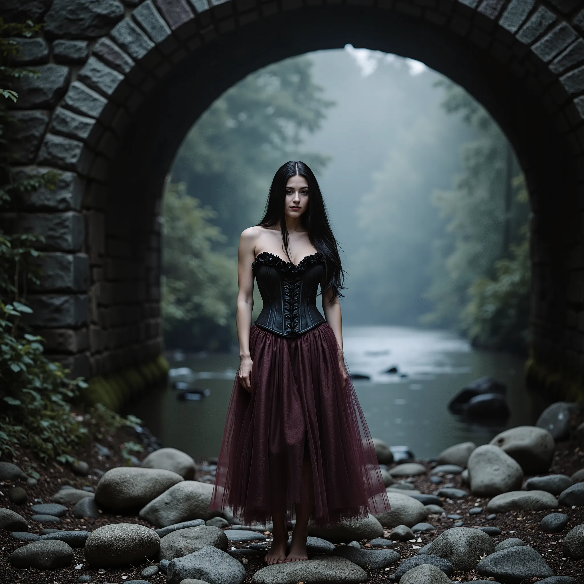 A confident woman stands barefoot on a bed of slick, weathered river stones beneath an ancient stone bridge, hidden in a secluded forest wrapped in blue mist. She wears a tightly cinched black satin corset with structured boning and velvet ruffle accents,...
