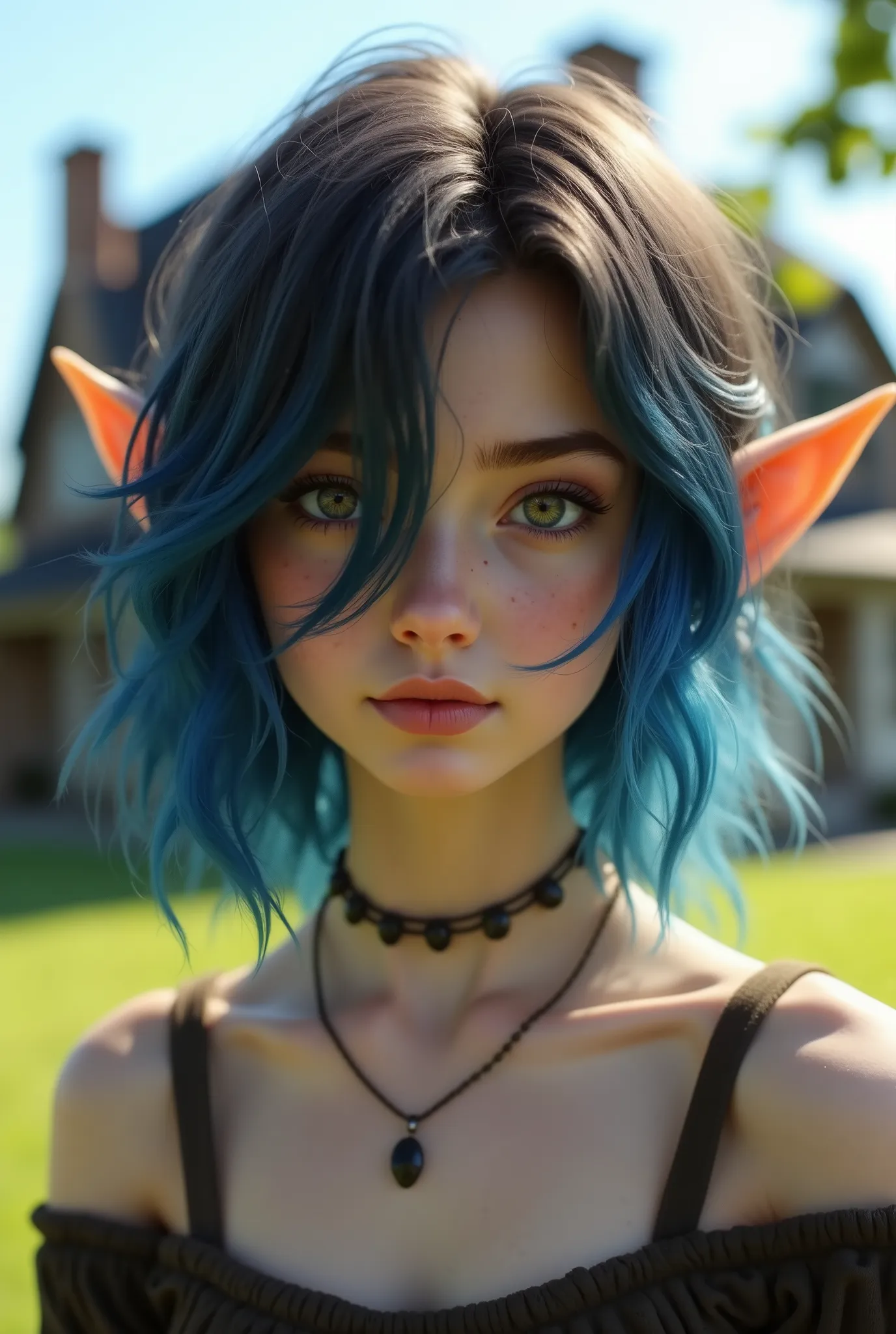 elf with short brown hair with blue highlights, on the lawn of the house, house in the background, lawn, blue sky and good lighting, work of art, best qualityer, 8k, extremely detaild, high quality, unreal engine.