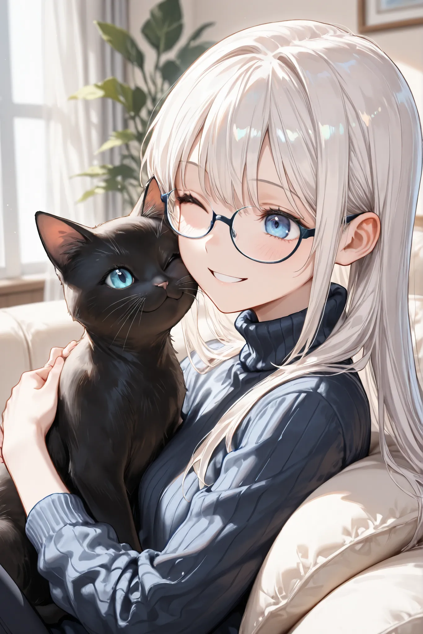((Masterpiece)),((best quality)),((incredibly absurdres))4((8K)),(semi realistic),
1 girl,solo,young female,aged up,kawaii,white hair,long hair,straight hair,blue eyes,small breasts,
(black eyewear),(navy blue turtleneck sweater),black skinny jeans,
(happ...