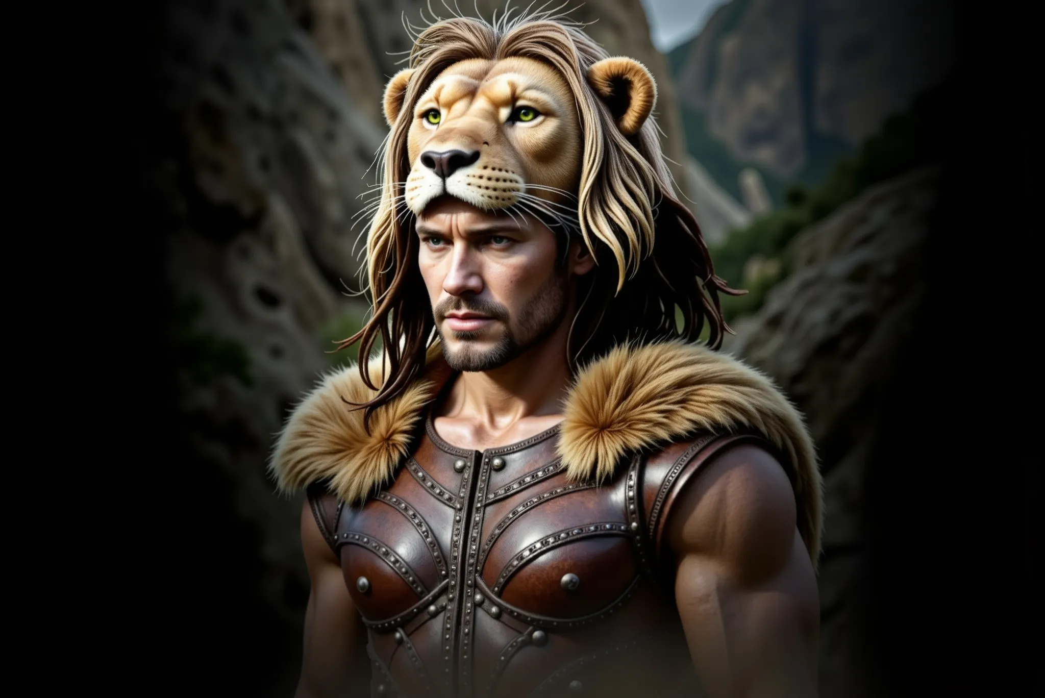 An ultra-realistic image of Hercules wearing a leather armor and a lion skin cloak, with brown beard and hair.