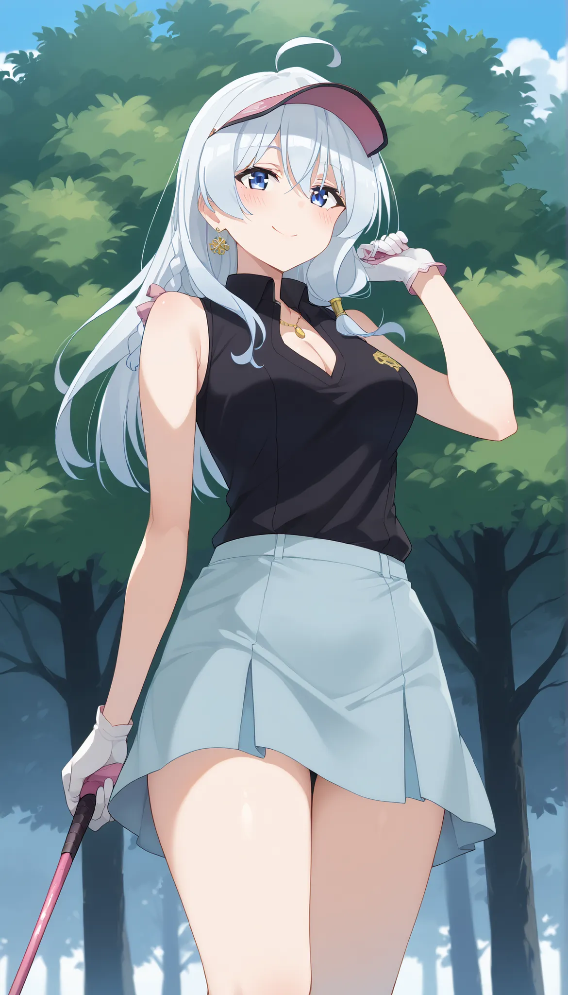 (((masterpiece))),(((High Quality))),Elaina (Majo no Tabitabi),light blue sleeveless shirt,white short skirt,(((golf wear))),Slim and beautiful thighs, Silver Hair,1 person,Outdoors,((low angle))、smile、Ulchan-6500-v1.1, ( RAW photos :1.2), beautiful detail...