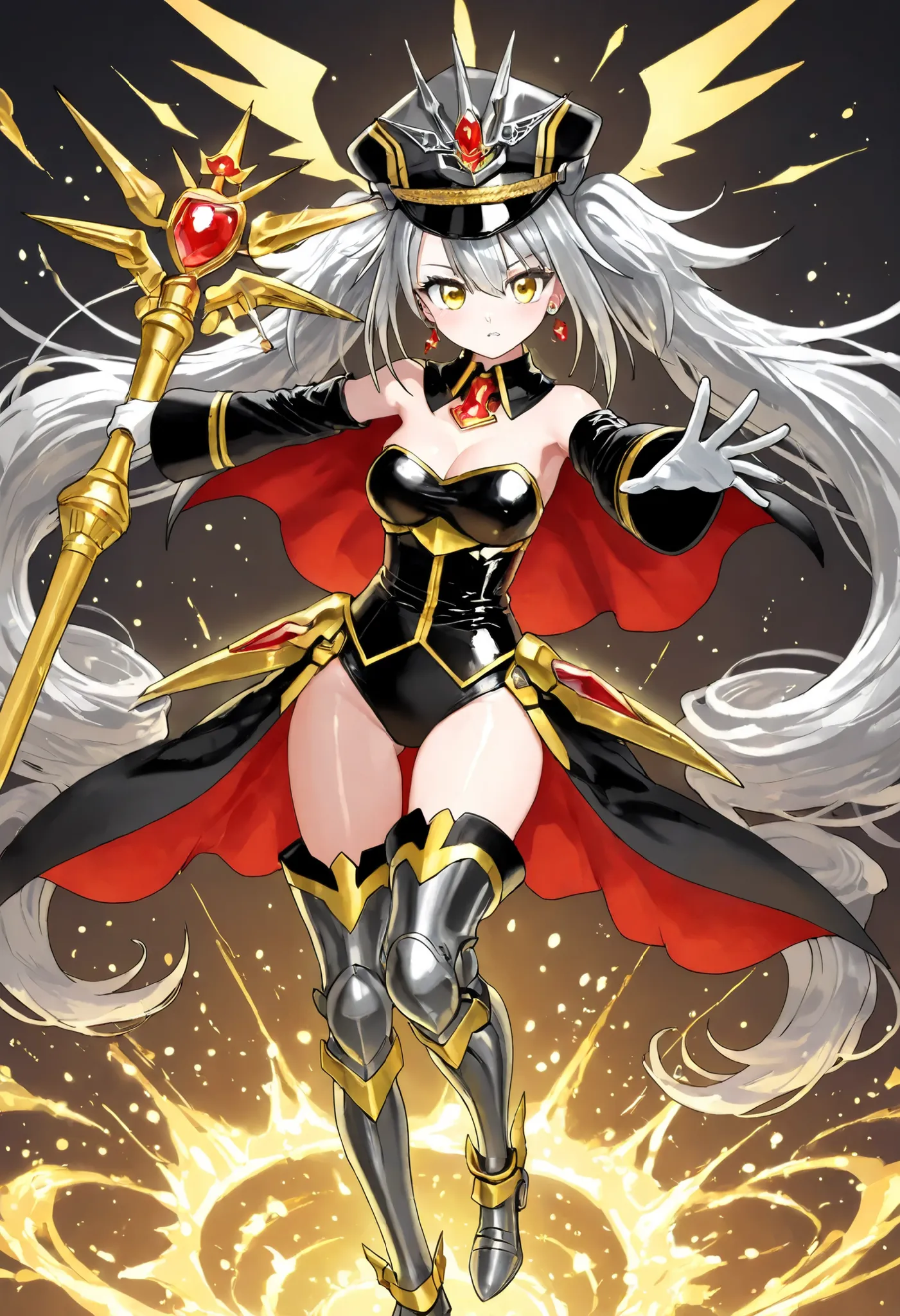 AG Nina, solo, full body, military uniform, magical girl, mahou shoujo, long silver hair, very long hair, hair between eyes, side bangs, double ponytail, silver gray hair, piercing golden eyes, black and gold military hat with red gem, ornate hat, straples...