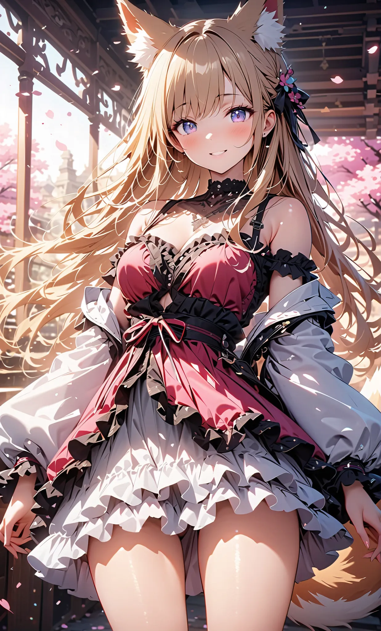 masterpiece、Concept Art、（very well detailed）、 (((masterpiece、Highest Quality、   、16k))) 、1 girl、amazing cherry blossom blizzard background、Multiple cherry trees、( fox ears、off-shoulder、platinum blonde、long hair、wave hair、Frilled skirt)、( やわらかなsmile )、   Sp...
