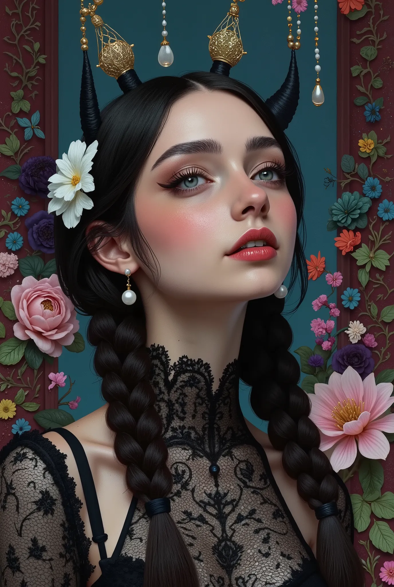 image of a queen and king, Tight frame captures queen and king ivory profile, Animal Butler, looking up, headwrap’s cobalt spirals dissolving into a dreamlike wash of William Morris-style florals. Animal Butler, Lorek’s hyperrealism renders each pore lumin...