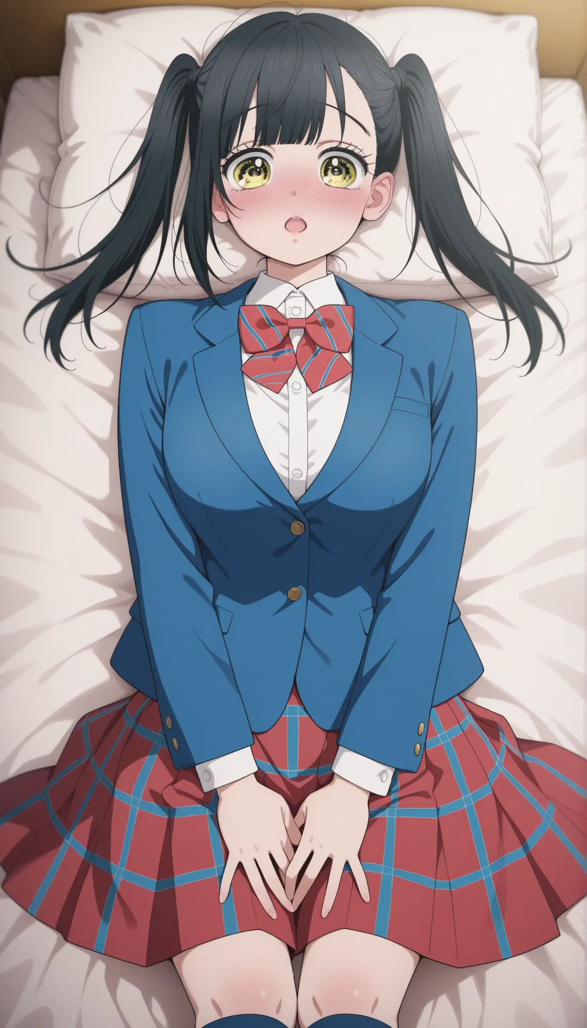  masterpiece, best quality, 1girl, solo, looking at viewer ,black hair, twintails hair,yellow eyes, long hair, school uniform, white shirt, collared shirt, long sleeves, red bowtie, red skirt, blue skirt ,blue jacket,striped bowtie,plaid skirt, pleated ski...
