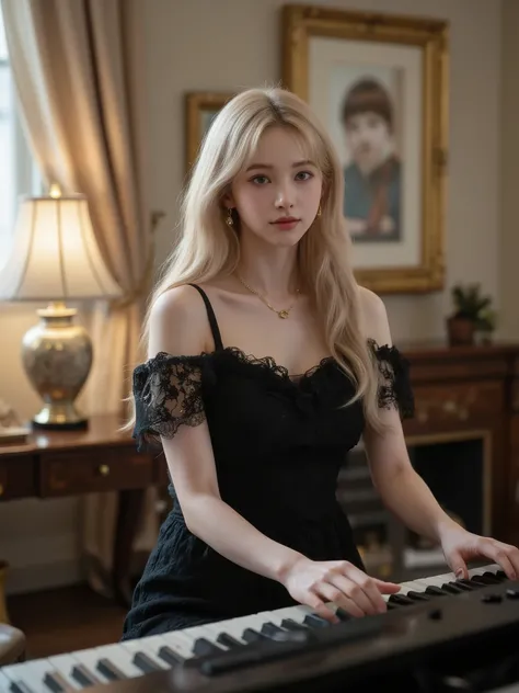 A hyper-realistic portrait of a beautiful young woman with wavy platinum-blonde hair and fair skin, sitting at a digital piano in a warmly lit, vintage-style room. She wears an elegant, off-shoulder black dress with lace trim on the sleeves and neckline, a...