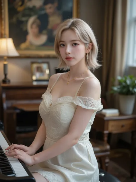 A hyper-realistic portrait of a beautiful young woman with short, wavy platinum-blonde hair and fair skin, sitting at a digital piano in a warmly lit, vintage-style room. She wears an elegant, off-shoulder white dress with lace trim on the sleeves and neck...