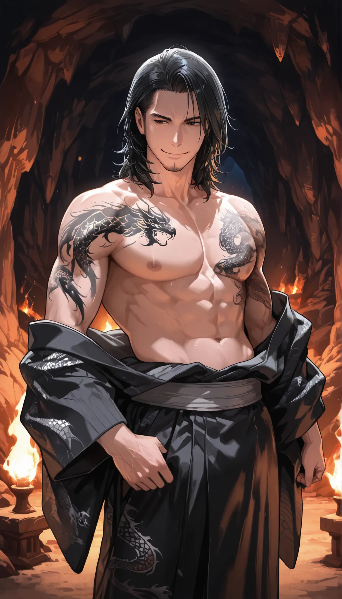 background, black dragon palace in a cave, yakuza boy, black kimono with dragon pattern, black hair, medium hair, topless, chest, smile, handsome, dragon tattoo,standing, far view, torch
