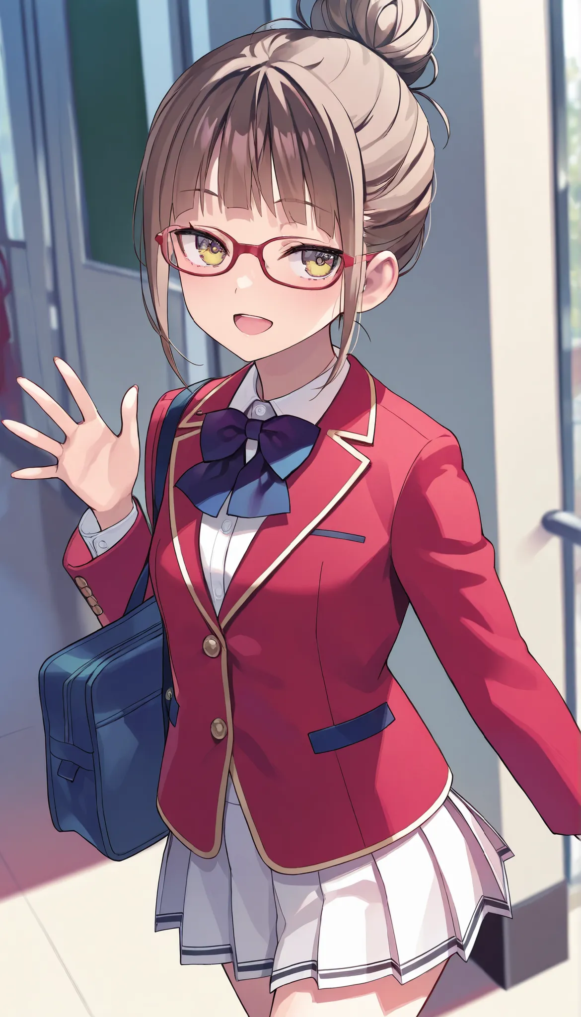 rika morofuji, brown hair, hair bun, short hair, yellow eyes, red-framed eyewear glasses,, 1girl, red ribbon, red jacket school uniform, white shirt, red jacket, collared shirt, bowtie, white skirt, (happoubi jin:0.8),, by fuzichoco, by lam, by kinta \(d...