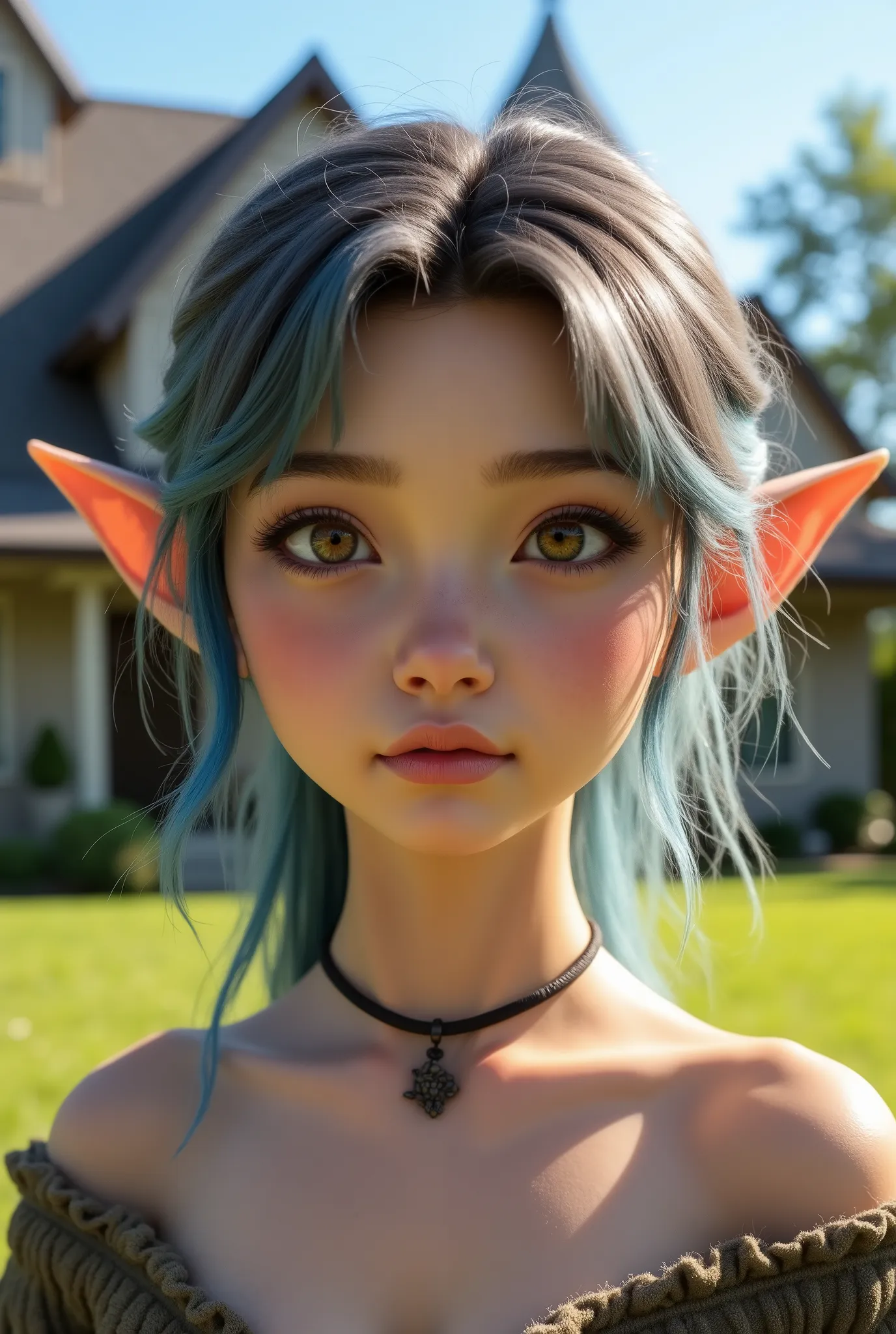 cute elf with blonde hair with blue highlights, on the lawn of the house, house in the background, lawn, blue sky and good lighting, work of art, best qualityer, 8k, extremely detaild, high quality, unreal engine.