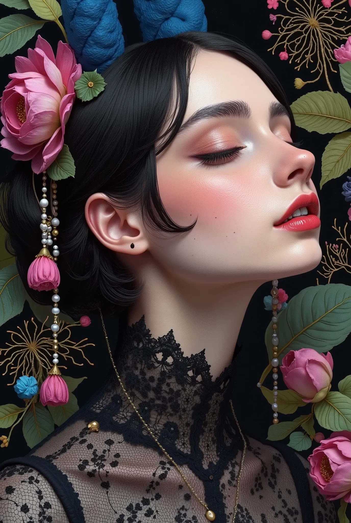 image of a queen and king, Tight frame captures queen and king ivory profile, Animal Butler, looking up, headwrap’s cobalt spirals dissolving into a dreamlike wash of William Morris-style florals. Animal Butler, Lorek’s hyperrealism renders each pore lumin...