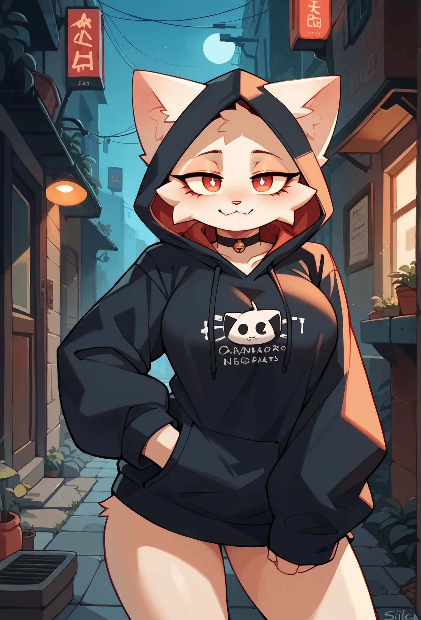 Alone , feminine, Sillycat , thin body pupils, source: anime, best quality, seductive expression, hoodie, Night alley, Human being, big breasts:1