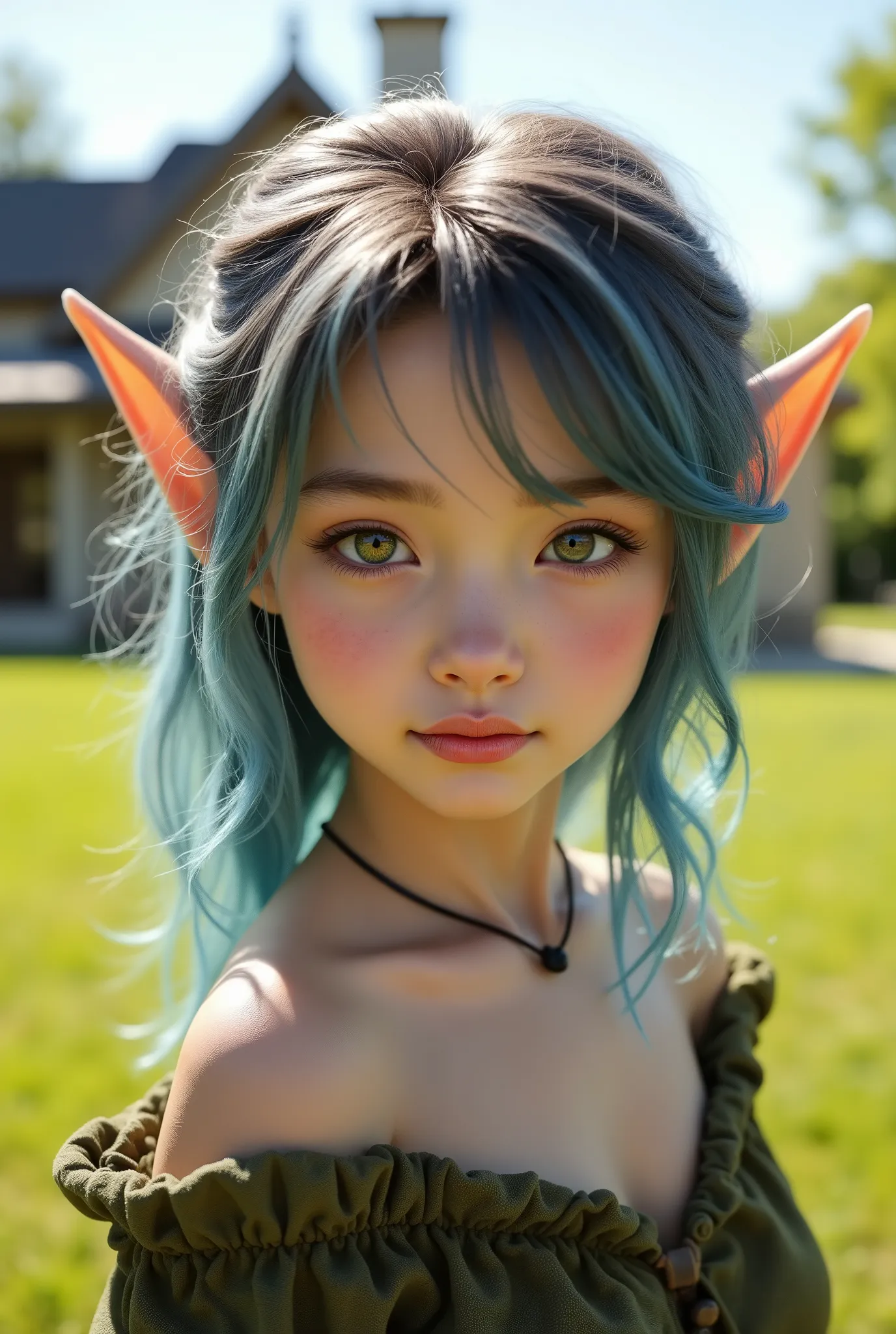  ((FULL BODY)), cute elf with blonde hair with blue highlights, on the lawn of the house, house in the background, lawn, blue sky and good lighting, work of art, best qualityer, 8k, extremely detaild, high quality, unreal engine.