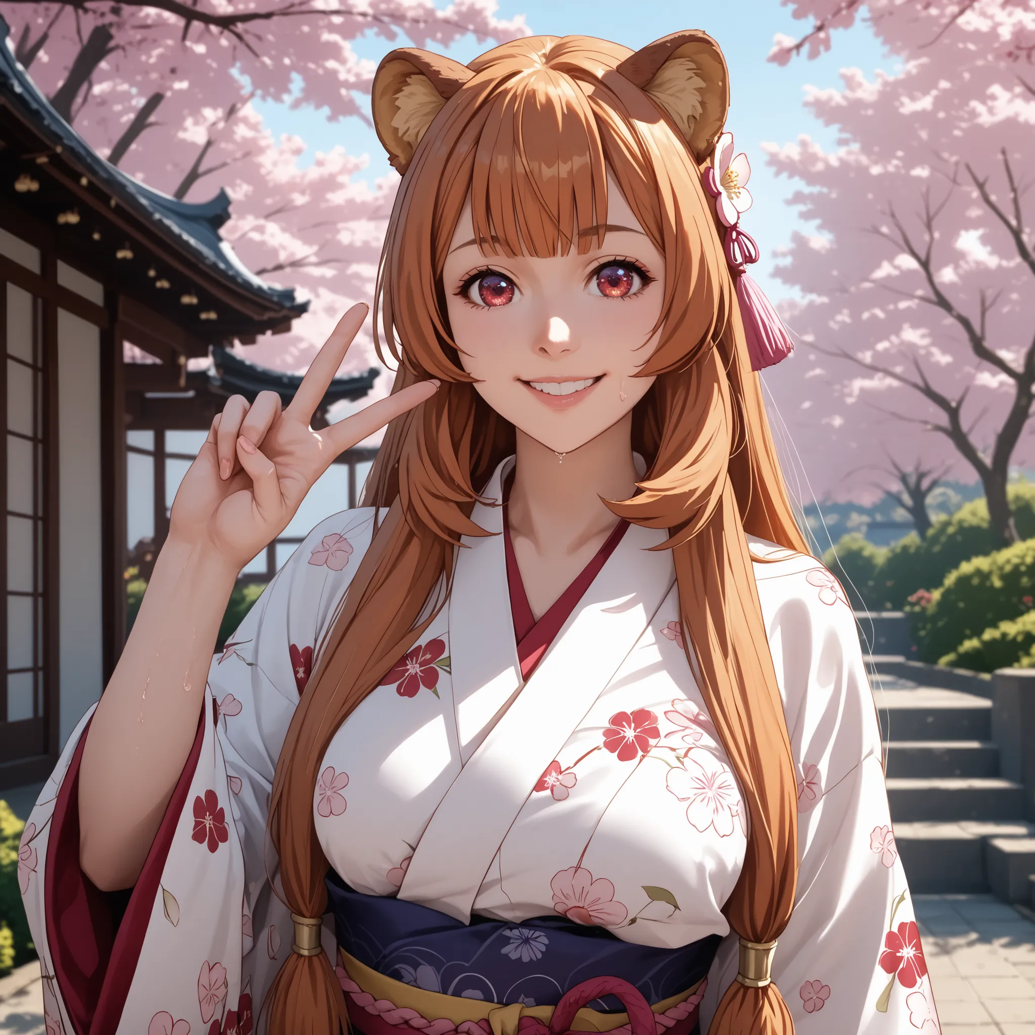 raphtalia . 25 years, orange hair , detailed red eyes, rounded animal ears, cheerful smile, curvaceous and slender figure , very large and well-proportioned breasts, an animal's tail wiggles behind her, She wears Japanese kimono / kimono in white upper a...