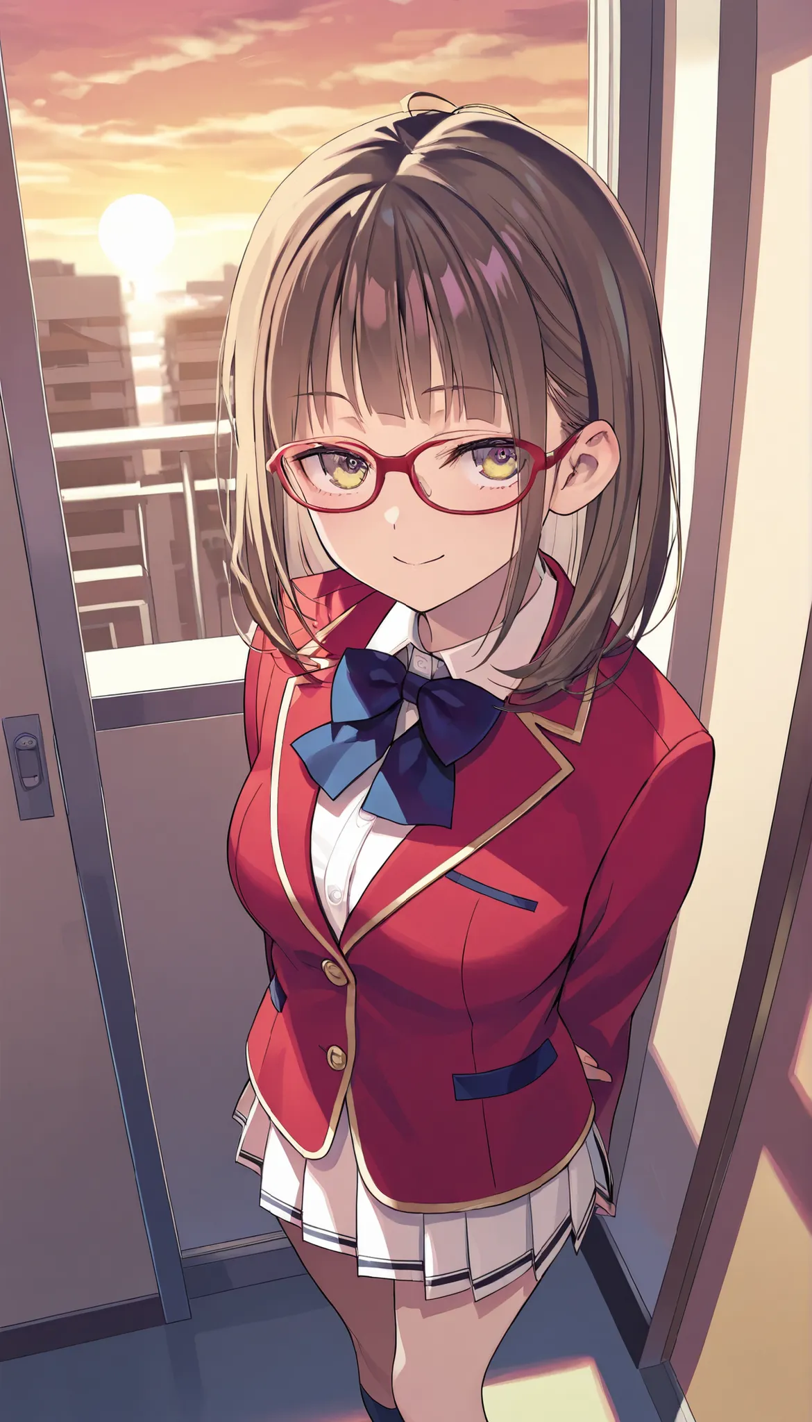 rika morofuji, brown hair, medium hair, yellow eyes, red-framed eyewear glasses,, 1girl, red ribbon, red jacket school uniform, white shirt, red jacket, collared shirt, bowtie, white skirt, (happoubi jin:0.8),, by fuzichoco, by lam, by kinta \(distortion\...