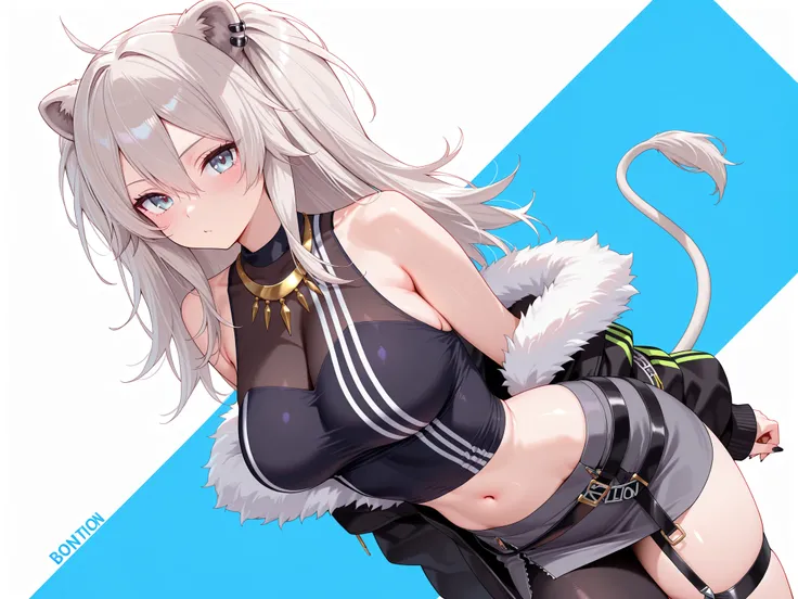 solo,masterpiece,best quality, amazing quality, highres, absurdres, very aesthetic, high resolution, ultra detailed, perfect details,botanIL, ear piercing, lion tail,botandef, long hair, navel, fur-trimmed jacket, hair between eyes, two side up, black jack...
