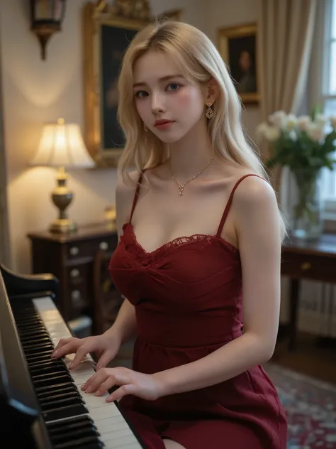 A hyper-realistic portrait of a beautiful young woman with, wavy platinum-blonde hair and fair skin, sitting at a digital piano in a warmly lit, vintage-style room. She is slim. She wears an elegant, off-shoulder deep red dress with lace trim on the sleeve...