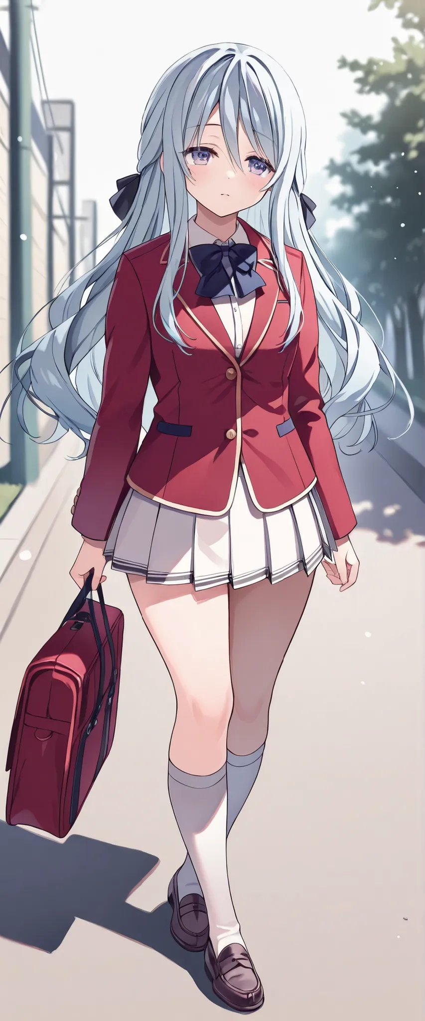 hiyorishiina, hiyori shiina, long hair, bangs, purple eyes, hair ribbon, grey hair, 1 girl ,solo, red jacket school uniform, white shirt, red jacket, collared shirt, bowtie, white skirt,knee socks ,loafers, walking ,school commute,1girl, solo, full body sh...