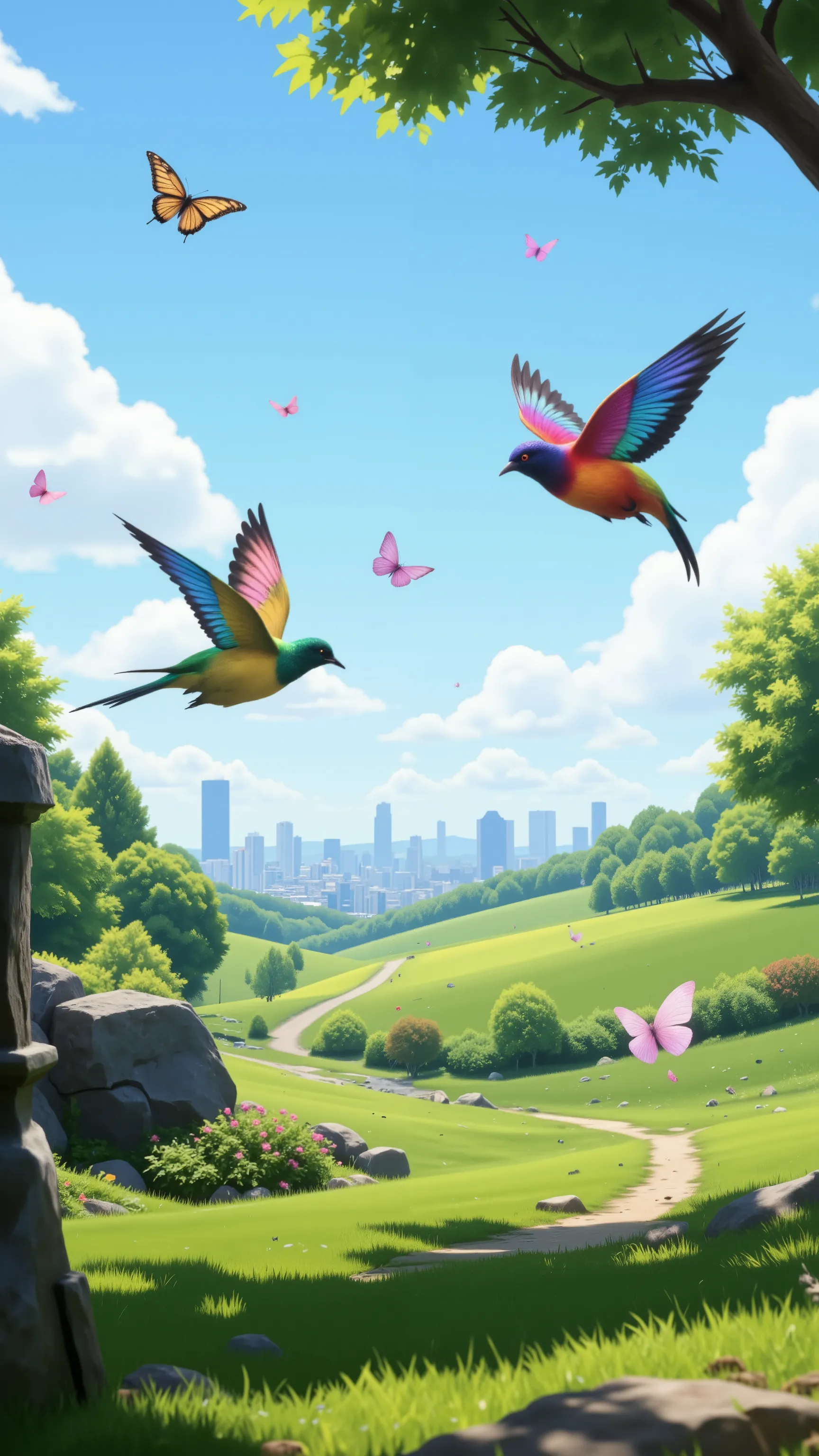 highdefinition images、two beautiful birds and butterflies in the park on the hill々in the Association's 綺麗な蝶々、At the park on the hill、You can see a small city in the distance。