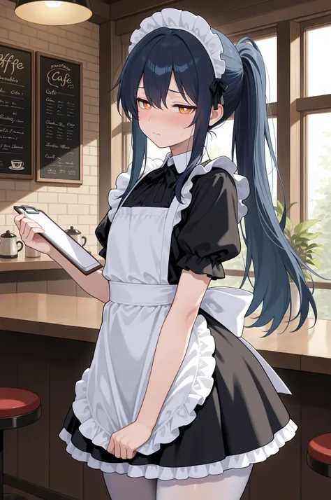 masterpiece, best quality, amazing quality, cowboy shot, 1boy, otoko no ko, looking at viewer, half-closed eyes, blushing, shy, holding notepad, dark blue hair hair, ponytail, long hair, orange eyes, white pupils, wide hips, black dress, crossdressing, dar...