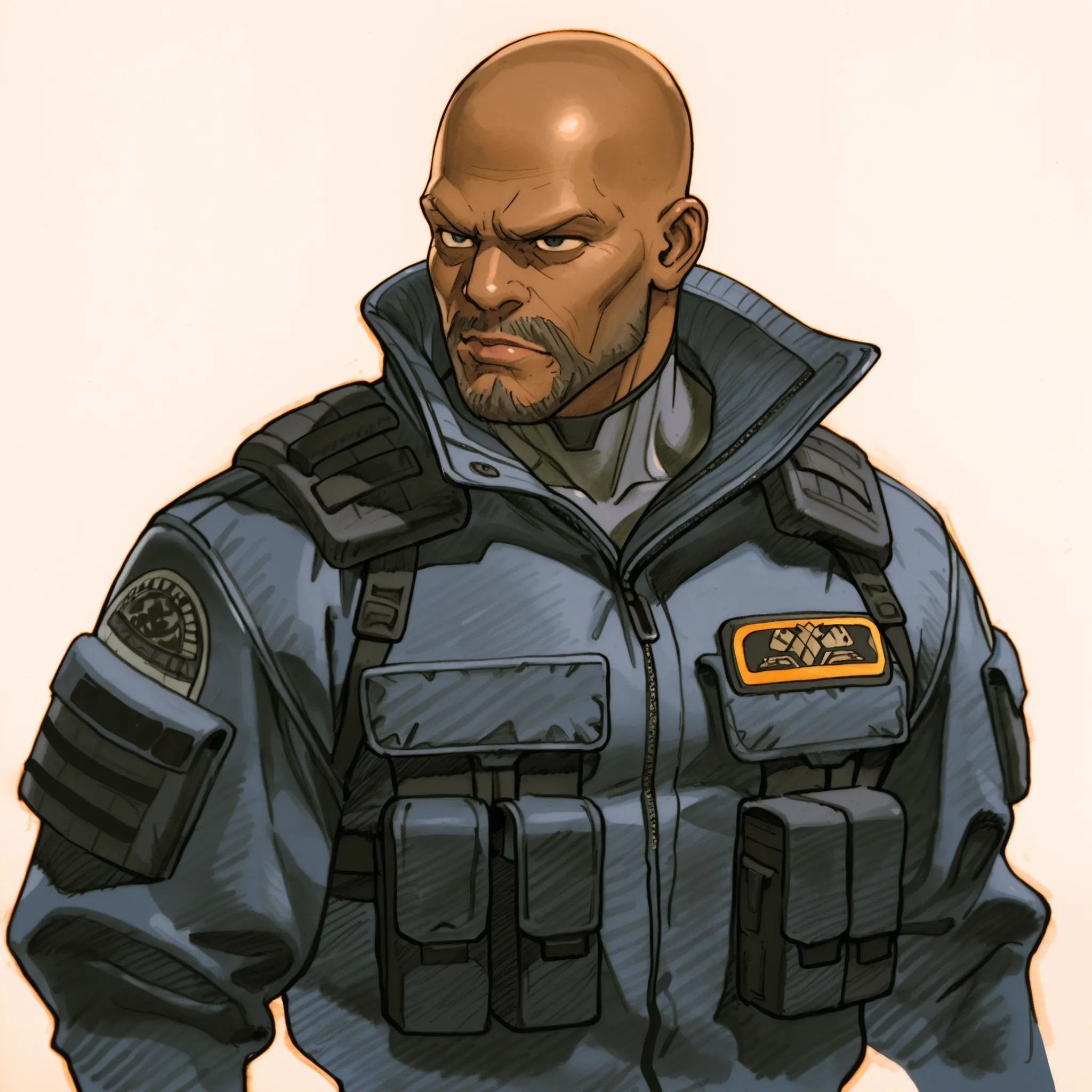  Bengmvc, traditional media, masterpiece,best quality, 1boy, dark-skinned male, bald, mature male, lips, grey and black body suit, dark blue short jacket, long sleeves, tactical jacket,jacket over body suit, portrait, standing, upper body, three quarter vi...