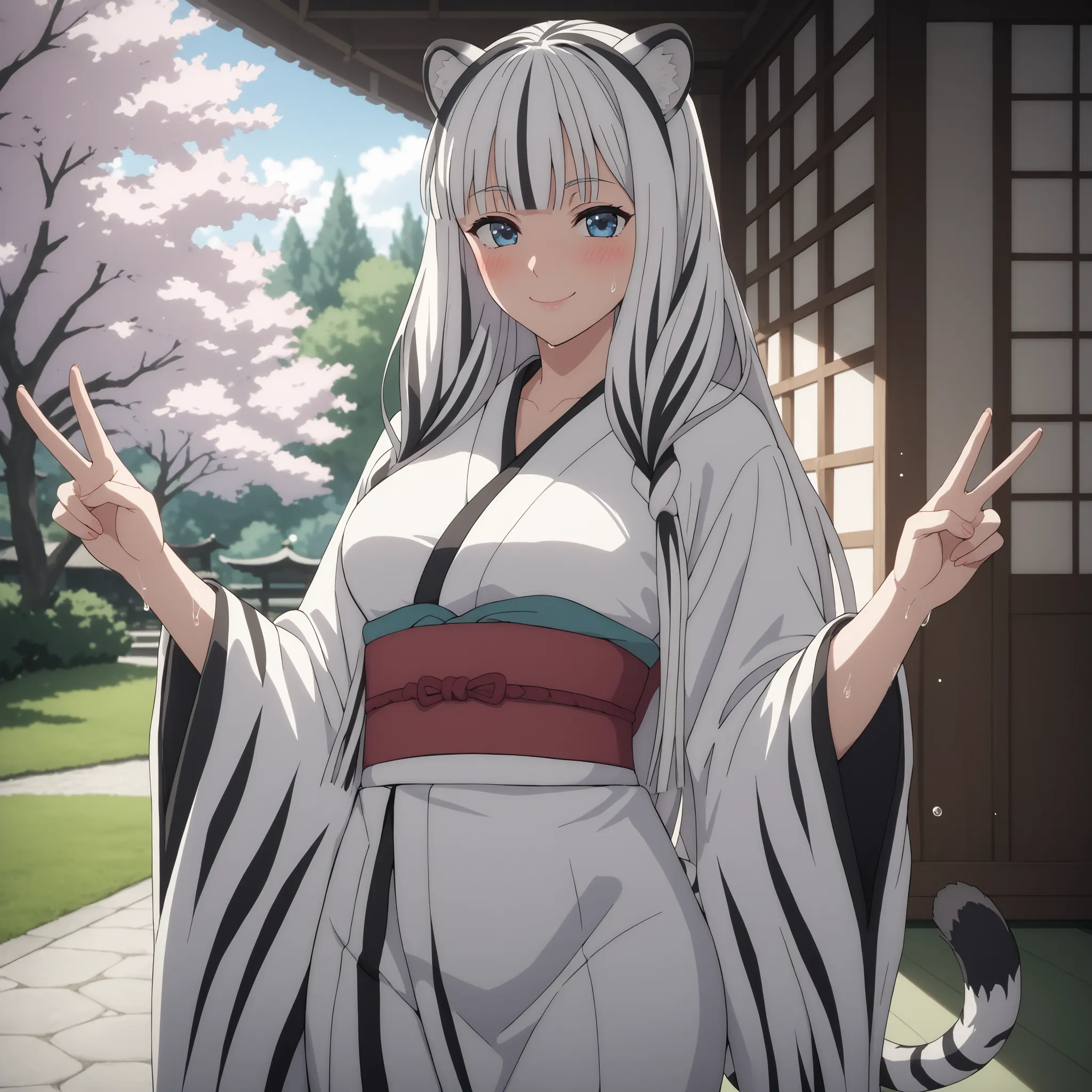 "atla, Her long hair, white with black stripes like the fur of a white tiger, Her white tiger ears move in the cool breeze, detailed blue eyes , charming smile. blush , curvaceous and slender figure , very large and well-proportioned breasts, an animal's t...