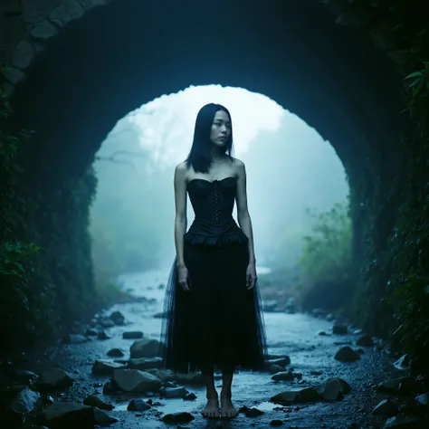  A woman stands barefoot on uneven river stones beneath a worn stone bridge, surrounded by a forest blanketed in cold blue mist. She wears a tightly laced black satin corset with visible stitching and velvet-textured ruffles, paired with a translucent, win...